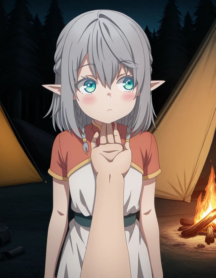 masterpiece, best quality, amazing quality,, <lora:tessia-eralith-s1-illustriousxl-lora-nochekaiser:1>, tessia eralith, hair between eyes, green eyes, grey hair, braid, pointy ears, medium hair, twin braids, aqua eyes, elf, anime screencap, dress, jewelry, short sleeves, white dress,, <lora:stroking-anothers-chin-pov-illustriousxl-lora-nochekaiser:1>, stroking another's chin pov, stronking another's chin, pov, pov hands, blush, cowboy shot, looking to the side,, camping, bonfire, tent, stargazing, marshmallows, forest clearing, night, cowboy shot, solo, looking at viewer,