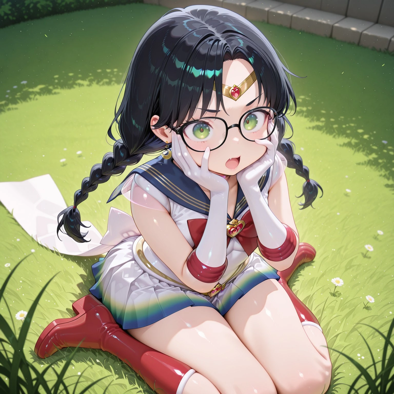 masterpiece,extremely detailed,best quality,amazing quality,newest,absurdres,highres, 1girl, solo, black hair, twin_braids , lightgreen eyes, glasses ,jimiko, bssmsup3r0utfit, sailor senshi uniform, crescent earrings, circlet,blue sailor collar, red bowtie, white elbow gloves, heartchoker, heartbrooch, huge white back bow, pleated skirt, multicolored miniskirt, red_boots,open mouth, holding her face in both hands, wariza, on_grass , looking_at_viewer, upturned_eyes BREAK dynamic_angle, cinematic angle