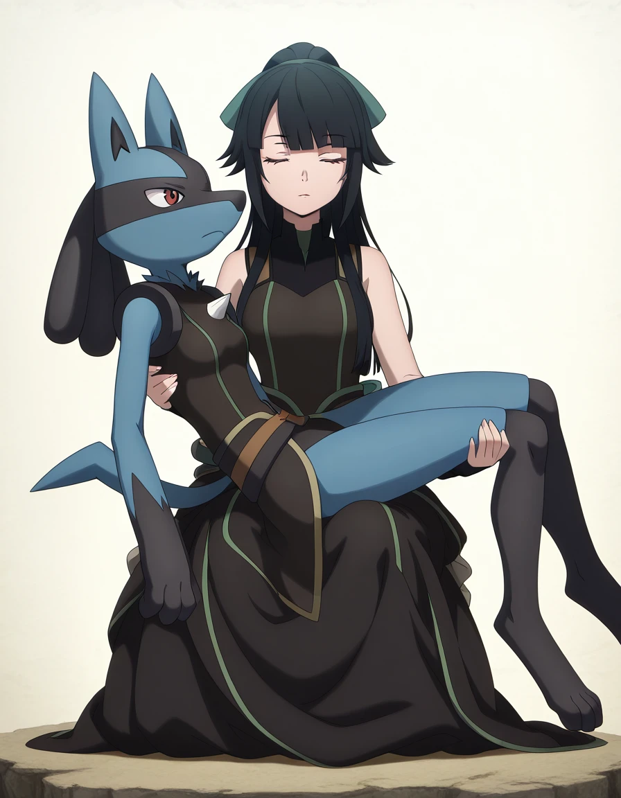 masterpiece, best quality, amazing quality,, <lora:jasmine-flamesworth-s1-illustriousxl-lora-nochekaiser:1>, jasmine flamesworth, long hair, black hair, red eyes, bow, brown eyes, ponytail, hair bow, green bow, mature female, small breasts, anime screencap, <lora:pieta-illustriousxl-lora-nochekaiser:1>, pieta, sitting, parody, fine art parody, hetero, sitting on person, closed eyes, princess carry, <lora:lucario-illustriousxl-lora-nochekaiser:0.7>, lucario, furry male, interspecies, furry with non-furry, furry, pokemon (creature), 1boy, red eyes,,