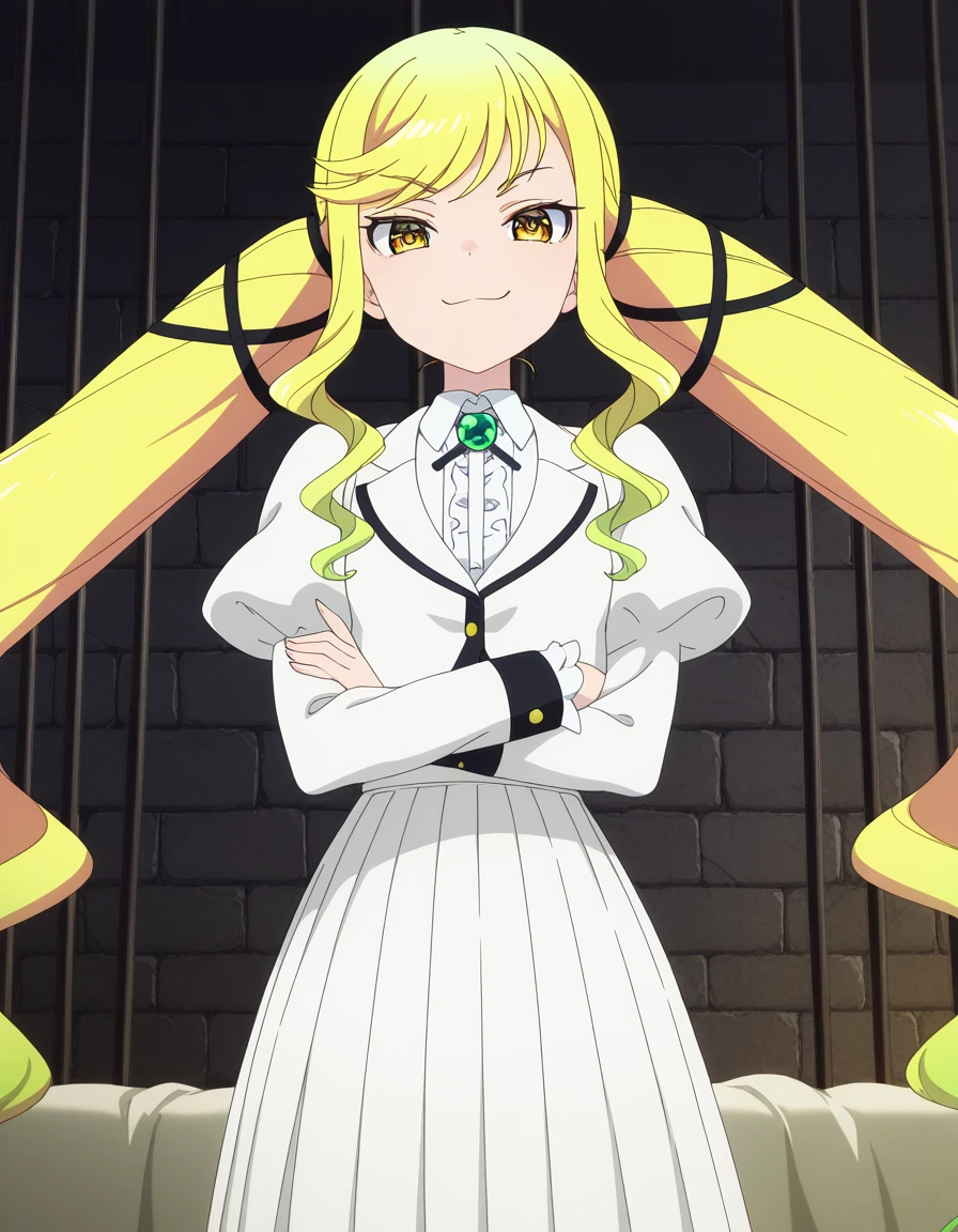 masterpiece, best quality, amazing quality,, <lora:lilisa-suzunomiya-s1-illustriousxl-lora-nochekaiser:1>, lilisa suzunomiya, long hair, blonde hair, ribbon, very long hair, twintails, brown eyes, yellow eyes, hair ribbon, black ribbon, multicolored hair, sidelocks, green hair, gradient hair, swept bangs, wavy hair, mature female, small breasts, anime screencap, shirt, skirt, long sleeves, jewelry, jacket, white shirt, pleated skirt, frills, collared shirt, puffy sleeves, white dress, buttons, white jacket, white skirt, blazer, juliet sleeves, brooch, cropped jacket, long skirt,, crossed arms, smug, prison cell, bars, bed, stone_walls, isolation, cowboy shot, solo, looking at viewer, <lora:transparent-background-illustriousxl-lora-nochekaiser:1>, transparent background, simple background, white background