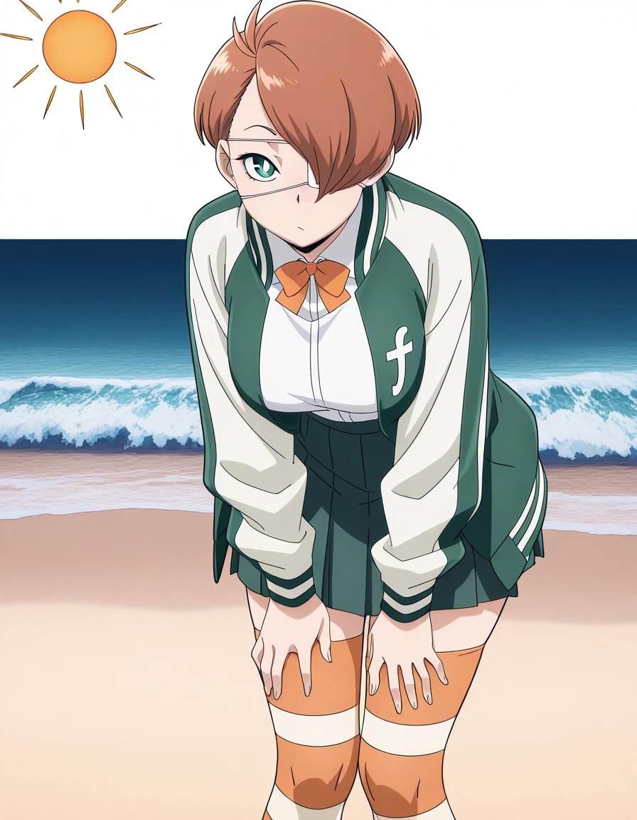 masterpiece, best quality, amazing quality,, <lora:tamao-oguro-s1-illustriousxl-lora-nochekaiser:1>, tamao oguro, short hair, brown hair, green eyes, white pupils, bright pupils, hair over one eye, one eye covered, medical eyepatch, mature female, medium breasts, anime screencap, shirt, skirt, long sleeves, thighhighs, bow, jacket, white shirt, pleated skirt, bowtie, striped clothes, open jacket, striped thighhighs, track jacket, green jacket, letterman jacket, orange thighhighs,, hands on own knees, beach, sand, waves, sun, ocean, cowboy shot, solo, looking at viewer, <lora:transparent-background-illustriousxl-lora-nochekaiser:1>, transparent background, simple background, white background