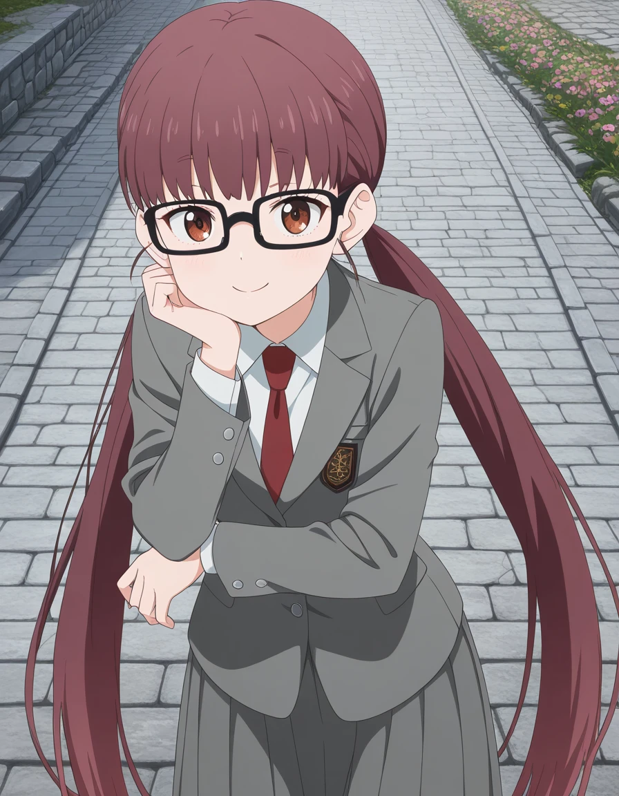 masterpiece, best quality, amazing quality,, <lora:yui-unoki-s1-illustriousxl-lora-nochekaiser:1>, yui unoki, long hair, brown hair, very long hair, twintails, brown eyes, glasses, black-framed eyewear, anime screencap, shirt, long sleeves, jacket, necktie, blazer, red necktie, grey blazer, grey skirt, long skirt, skirt, pleated skirt, head rest, smile,, stone walkway, historic, path, cobblestone, footpath, cowboy shot, solo, looking at viewer,