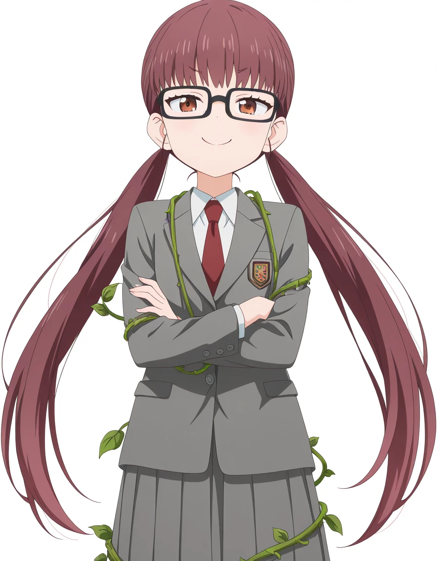 masterpiece, best quality, amazing quality,, <lora:yui-unoki-s1-illustriousxl-lora-nochekaiser:1>, yui unoki, long hair, brown hair, very long hair, twintails, brown eyes, glasses, black-framed eyewear, anime screencap, shirt, long sleeves, jacket, necktie, blazer, red necktie, grey blazer, grey skirt, long skirt, skirt, pleated skirt, smug, jungle, dense, wildlife, vines, green, cowboy shot, solo, looking at viewer, <lora:transparent-background-illustriousxl-lora-nochekaiser:1>, transparent background, simple background, white background