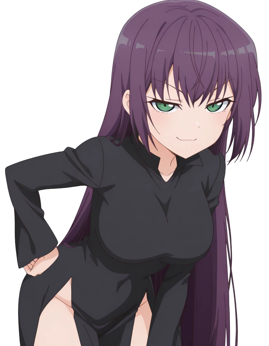 (high quality,Very detailed:1.37, High resolution), Woman, pokemoncynthia, large breasts, (very dark purple hair:1.5), hair over one eye, long hair, purple eyes, black coat, black dress, very long dress, skintight dress, coat, looking at viewer, masterpiece, best quality, (wetting herself:1.5), (embarrassed:1.5), (humiliation:1.5), (sweating:1.25), (blushing:1.5), (standing:1.5)