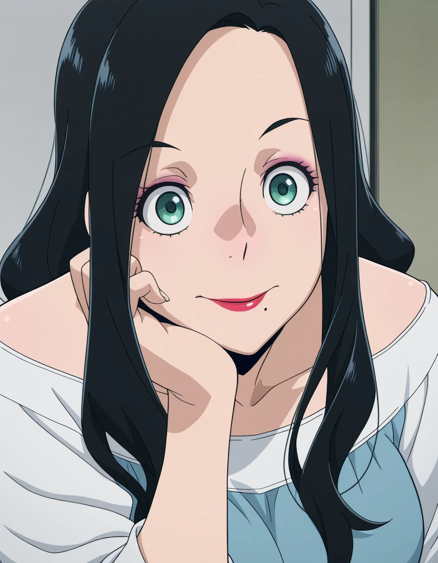 masterpiece, best quality, amazing quality,, <lora:makoto-tsukauchi-s1-illustriousxl-lora-nochekaiser:1>, makoto tsukauchi, long hair, black hair, green eyes, mole, makeup, lipstick, mole under mouth, mature female, medium breasts, anime screencap, head rest, ,