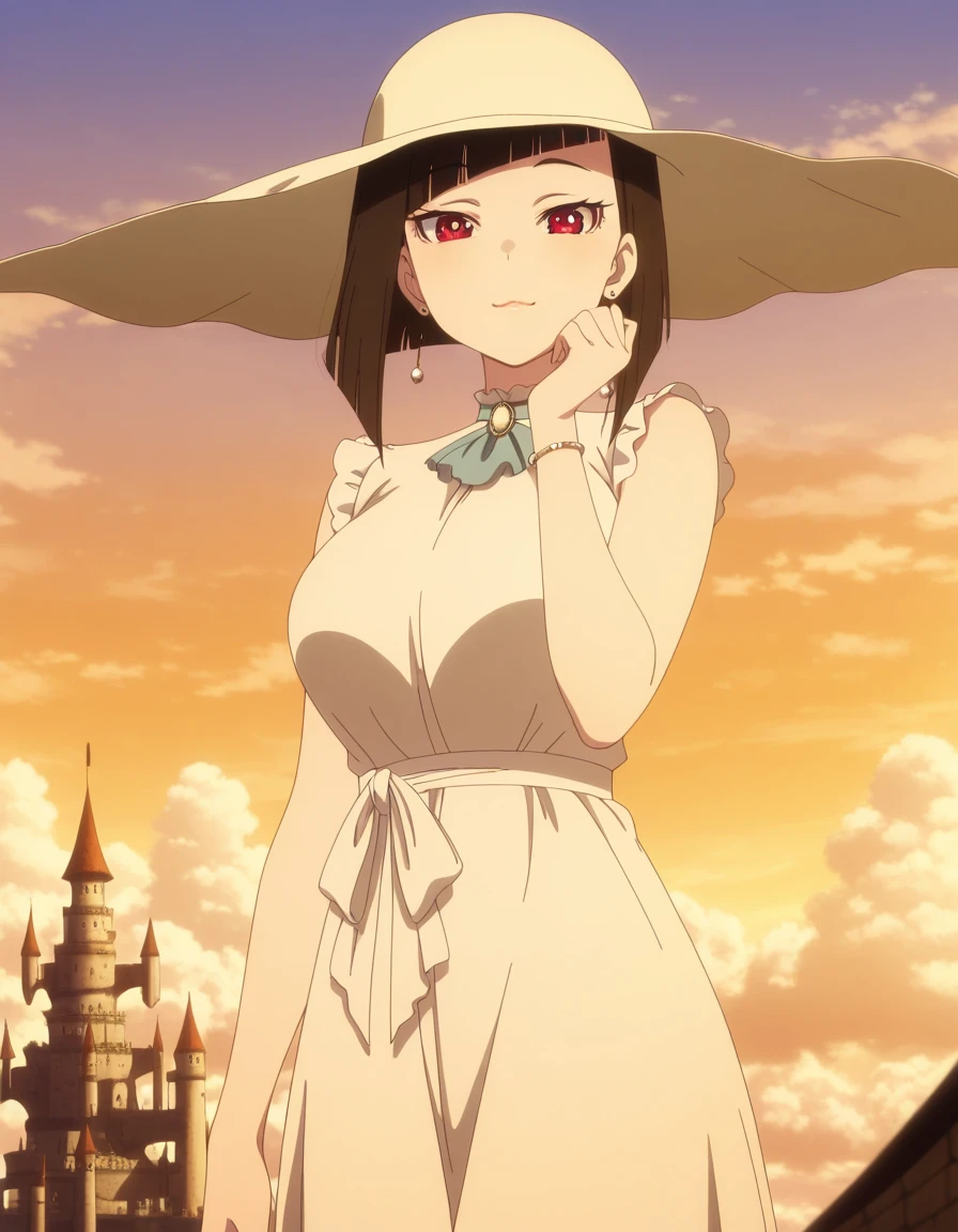 masterpiece, best quality, amazing quality,, <lora:yayoi-takayanagi-s1-illustriousxl-lora-nochekaiser:1>, yayoi takayanagi, short hair, black hair, red eyes, blunt bangs, mature female, breasts, anime screencap, dress, hat, jewelry, earrings, sleeveless, white dress, sleeveless dress, sun hat, head rest, floating castle, sky, magical, clouds, fantasy, cowboy shot, solo, looking at viewer,