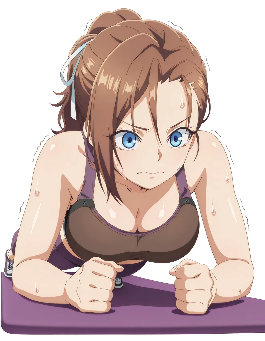 masterpiece, best quality, amazing quality,, <lora:rhuda-runebeck-s1-illustriousxl-lora-nochekaiser:1>, rhuda runebeck, blue eyes, brown hair, ribbon, hair ribbon, ponytail, mature female, breasts, anime screencap, <lora:planking-illustriousxl-lora-nochekaiser:1>, planking, exercising, yoga mat, yoga, yoga pants, trembling, struggling, sweat, sports bra,, , <lora:transparent-background-illustriousxl-lora-nochekaiser:1>, transparent background, simple background, white background
