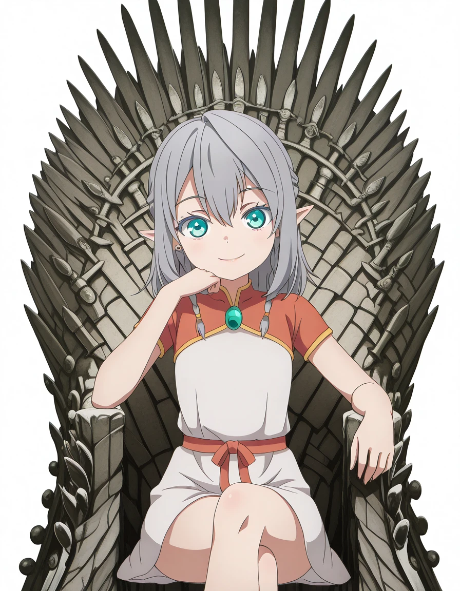 masterpiece, best quality, amazing quality,, <lora:tessia-eralith-s1-illustriousxl-lora-nochekaiser:1>, tessia eralith, hair between eyes, green eyes, grey hair, braid, pointy ears, medium hair, twin braids, aqua eyes, elf, anime screencap, dress, jewelry, short sleeves, white dress,, <lora:iron-throne-illustriousxl-lora-nochekaiser:1>, iron throne, sitting, looking at viewer, sword, throne, sitting on throne, smile, elbow rest, crossed legs, onsen, hot_spring, steam, relaxation, traditional, cowboy shot, solo, looking at viewer, <lora:transparent-background-illustriousxl-lora-nochekaiser:1>, transparent background, simple background, white background