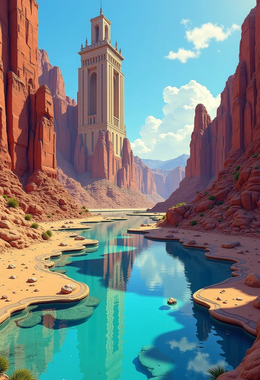 A towering stone castle rises from a desert canyon, reflected in a crystal pool below. The surreal verticality and fantasy scale evoke epic worldbuilding. The image features highly-stylistic comic book cel-shading, flat-colored concept art, inspired by the styles of Alex Grey, Moebius (Jean Giraud), Geoff Darrow, Edgar P. Jacobs, Enki Bilal, Brandon Graham, and Linnea Sterte.
