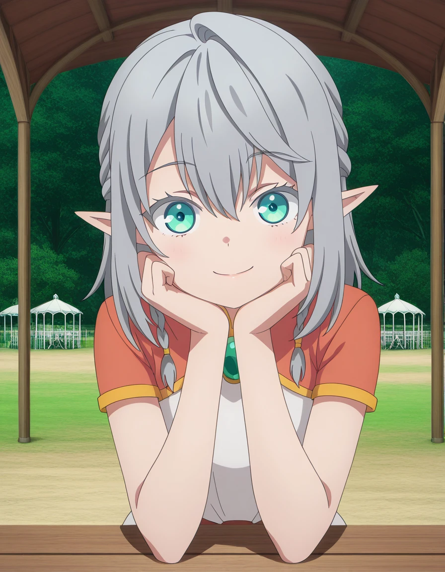 masterpiece, best quality, amazing quality,, <lora:tessia-eralith-s1-illustriousxl-lora-nochekaiser:1>, tessia eralith, hair between eyes, green eyes, grey hair, braid, pointy ears, medium hair, twin braids, aqua eyes, elf, anime screencap, dress, jewelry, short sleeves, white dress,, head rest, smile,, gazebo, park, shelter, outdoors, wooden, cowboy shot, solo, looking at viewer, <lora:transparent-background-illustriousxl-lora-nochekaiser:1>, transparent background, simple background, white background