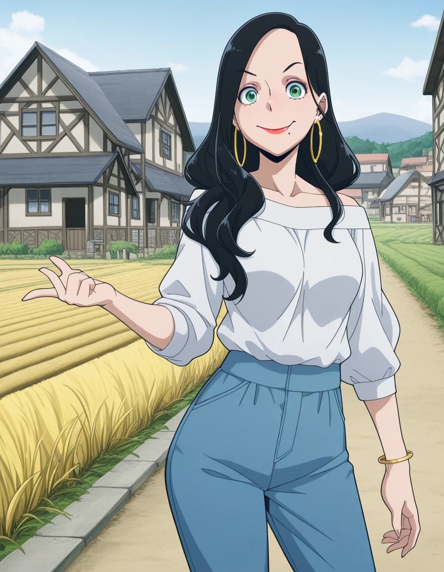 masterpiece, best quality, amazing quality,, <lora:makoto-tsukauchi-s1-illustriousxl-lora-nochekaiser:1>, makoto tsukauchi, long hair, black hair, green eyes, mole, makeup, lipstick, mole under mouth, mature female, medium breasts, anime screencap, shirt, jewelry, earrings, pants, off shoulder, bracelet, hoop earrings, blue pants, capri pants, smug, village, houses, community, rural, farms, cowboy shot, solo, looking at viewer,