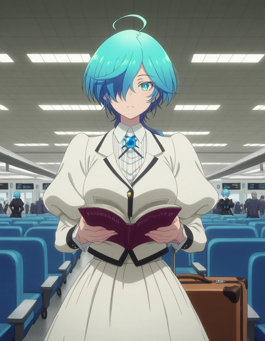 masterpiece, best quality, amazing quality,, <lora:tina-isemi-s1-illustriousxl-lora-nochekaiser:1>, tina isemi, short hair, blue eyes, blue hair, ahoge, multicolored hair, hair over one eye, aqua eyes, mature female, breasts, anime screencap, shirt, skirt, long sleeves, jewelry, jacket, white shirt, puffy sleeves, juliet sleeves, brooch, hands on own chest,, airport, waiting area, suitcase, flight delayed, passengers, reading book, cowboy shot, solo, looking at viewer,