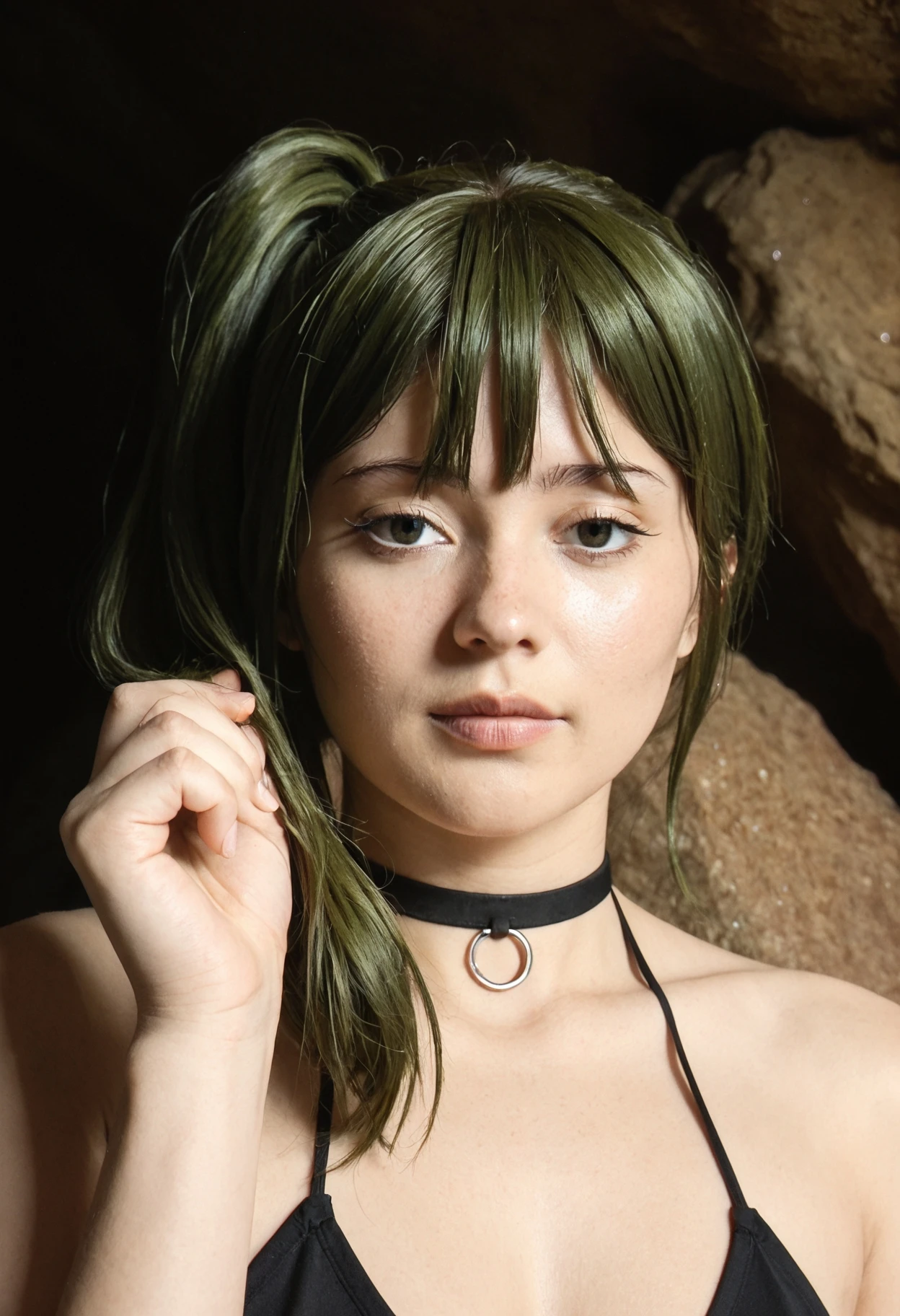 score_9,score_8_up,score_7_up,8k,1girl, ubel, <lora:ubel_ponyxl_v1:0.8>, solo, green hair, side ponytail, dark eyes, half-closed eyes, halterneck, black choker, upper body, close-up, closed mouth, holding own hair, sweat, looking at viewer, dark, cave,