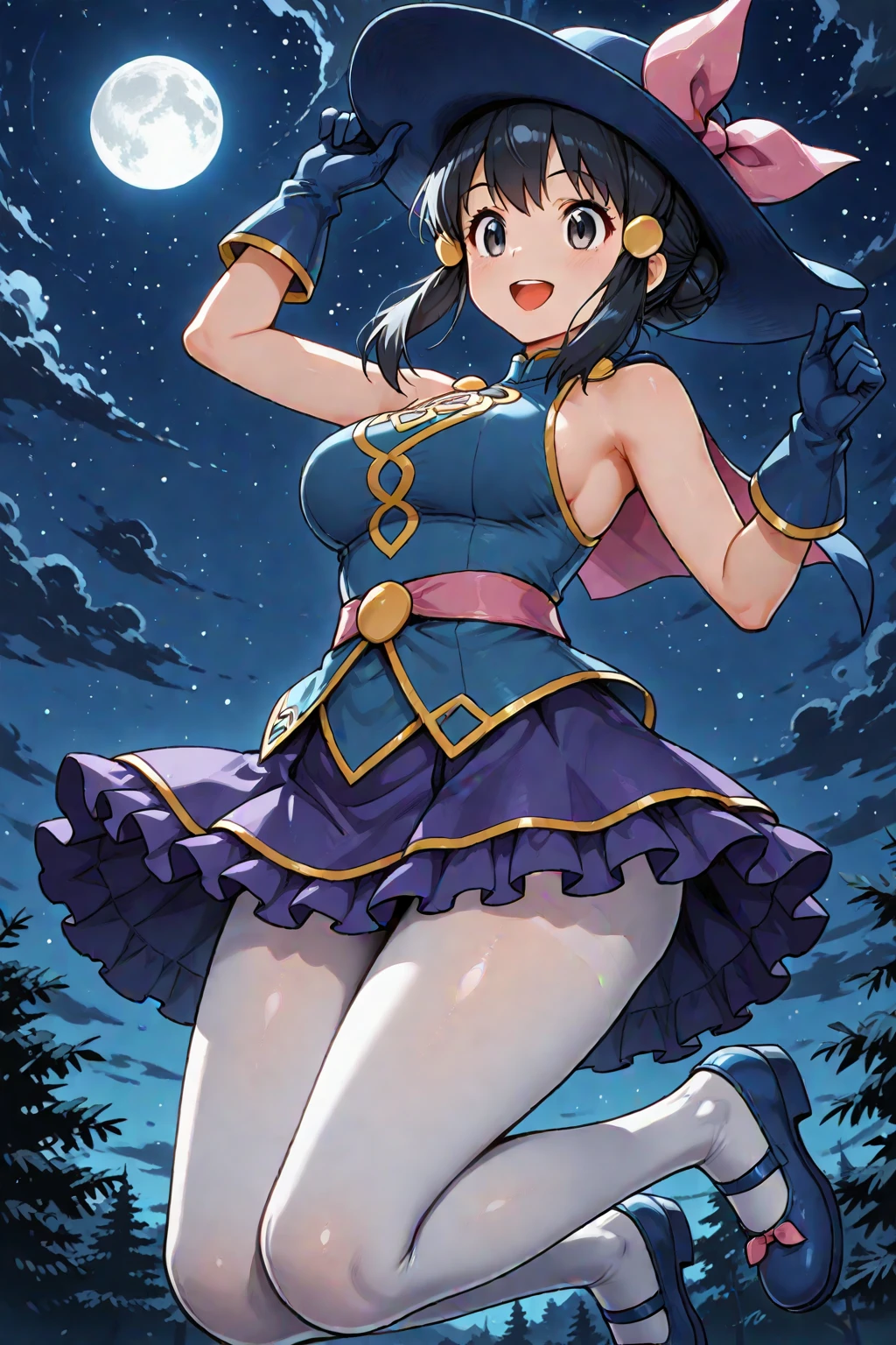 2d, masterpiece, best quality, amazing quality, highres, absurdres, newest, 1girl, solo, jumping, night, moonlight, sky, medium breasts, mature female, sygdawn, grey eyes, black hair, sidelocks, hairclip, hat, blue headwear, sleeveless shirt, blue shirt, pink belt, blue gloves, purple skirt, miniskirt, frilled skirt, white pantyhose, mary janes, blue footwear, footwear bow