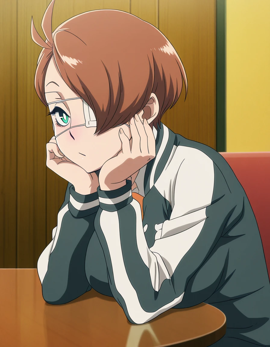 masterpiece, best quality, amazing quality,, <lora:tamao-oguro-s1-illustriousxl-lora-nochekaiser:1>, tamao oguro, short hair, brown hair, green eyes, white pupils, bright pupils, hair over one eye, one eye covered, medical eyepatch, mature female, medium breasts, anime screencap, sitting, elbow rest, table,, ,