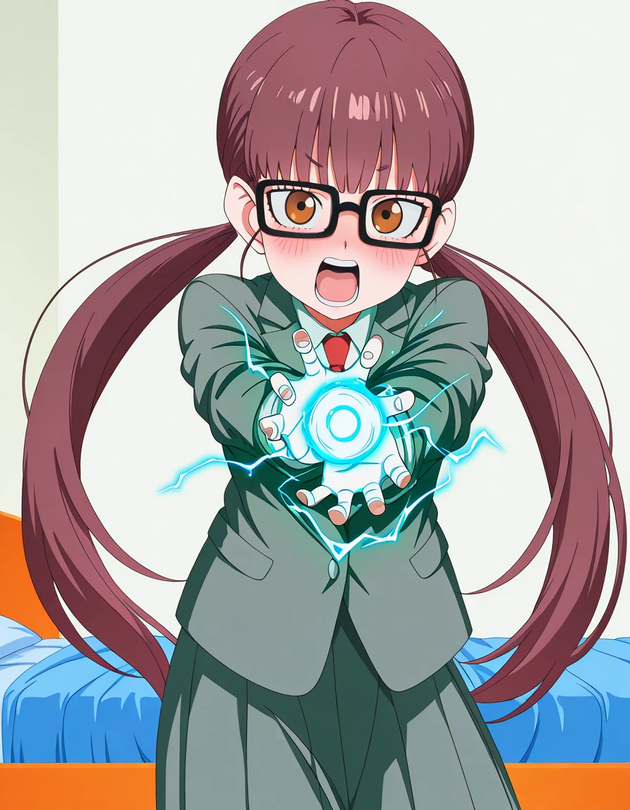 masterpiece, best quality, amazing quality,, <lora:yui-unoki-s1-illustriousxl-lora-nochekaiser:1>, yui unoki, long hair, brown hair, very long hair, twintails, brown eyes, glasses, black-framed eyewear, anime screencap, shirt, long sleeves, jacket, necktie, blazer, red necktie, grey blazer, grey skirt, long skirt, skirt, pleated skirt, <lora:kamehameha-illustriousxl-lora-nochekaiser:1>, kamehameha, kamehameha (dragon ball), open mouth, incoming attack, torn clothes, shouting, energy, energy beam, energy ball, from side, electricity,, indoors, bed, bedroom, on side, blush, drunk, cowboy shot, solo, looking at viewer, <lora:transparent-background-illustriousxl-lora-nochekaiser:1>, transparent background, simple background, white background