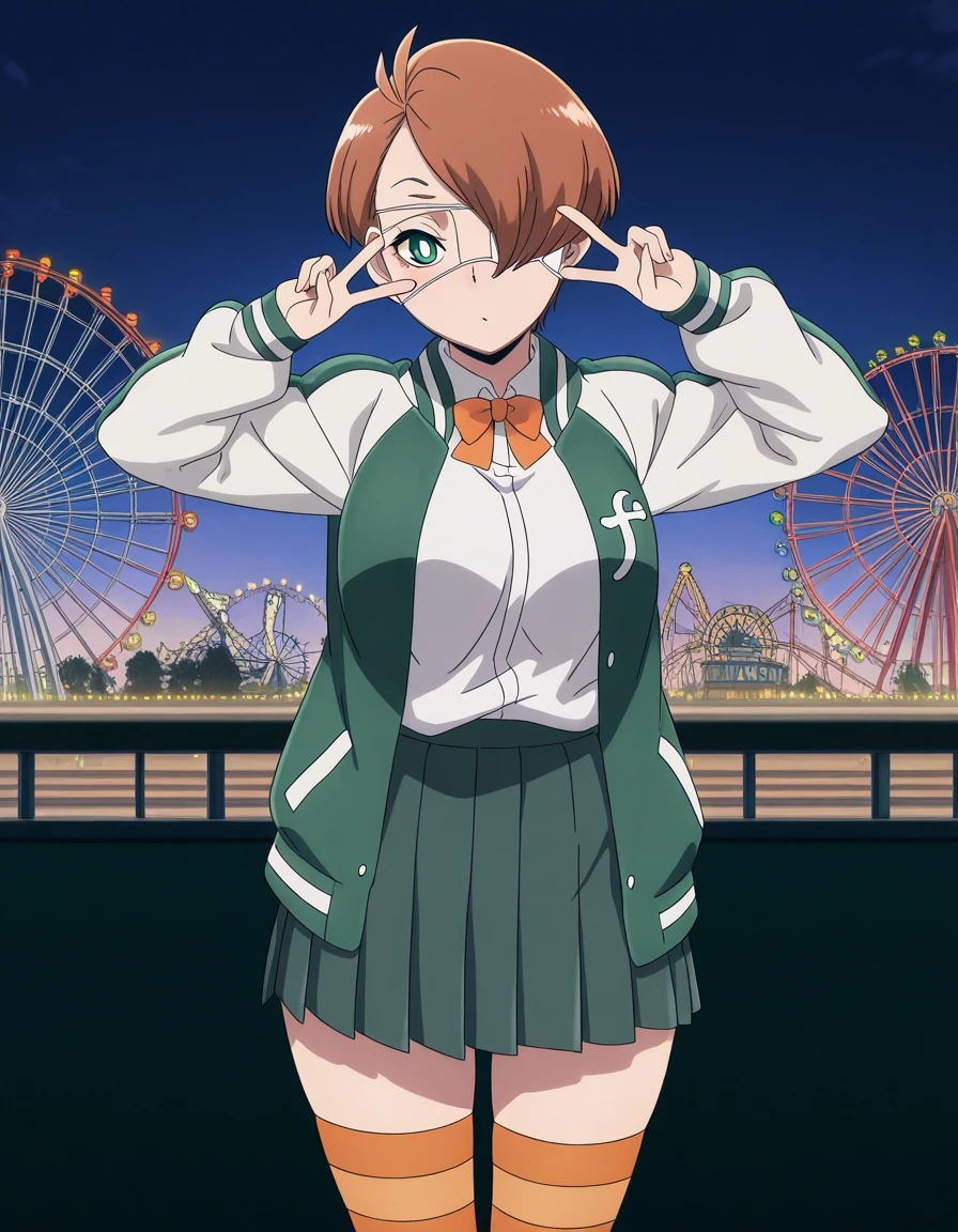 masterpiece, best quality, amazing quality,, <lora:tamao-oguro-s1-illustriousxl-lora-nochekaiser:1>, tamao oguro, short hair, brown hair, green eyes, white pupils, bright pupils, hair over one eye, one eye covered, medical eyepatch, mature female, medium breasts, anime screencap, shirt, skirt, long sleeves, thighhighs, bow, jacket, white shirt, pleated skirt, bowtie, striped clothes, open jacket, striped thighhighs, track jacket, green jacket, letterman jacket, orange thighhighs,, v, v over eyes,, ferris wheel, lights, high, view, rotating, cowboy shot, solo, looking at viewer,