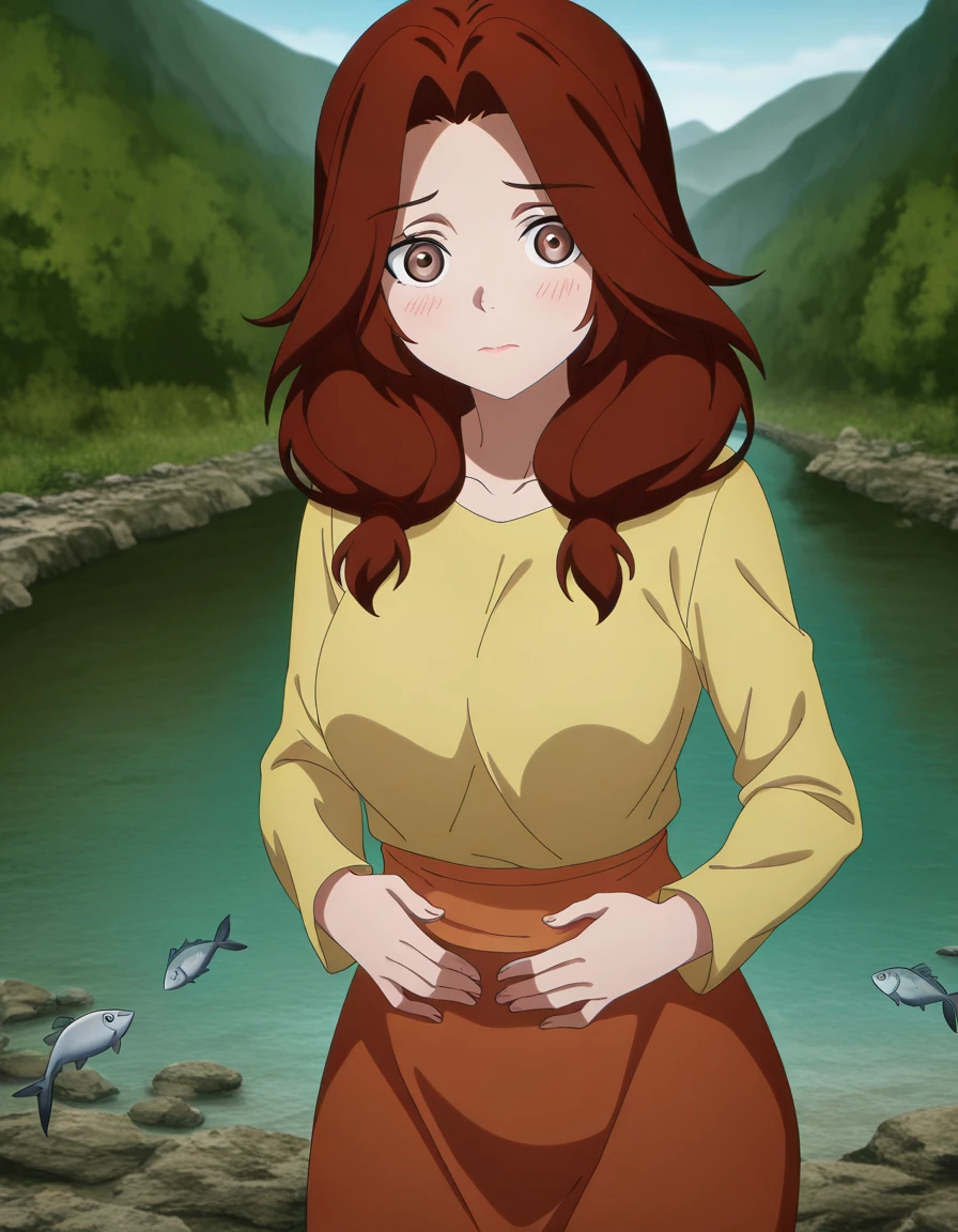 masterpiece, best quality, amazing quality,, <lora:alice-leywin-s1-illustriousxl-lora-nochekaiser:1>, alice leywin, long hair, brown hair, twintails, brown eyes, red hair, mature female, breasts, anime screencap, shirt, skirt, long sleeves, red skirt,, hands on stomach, blush,, river, flowing, fish, banks, current, cowboy shot, solo, looking at viewer,