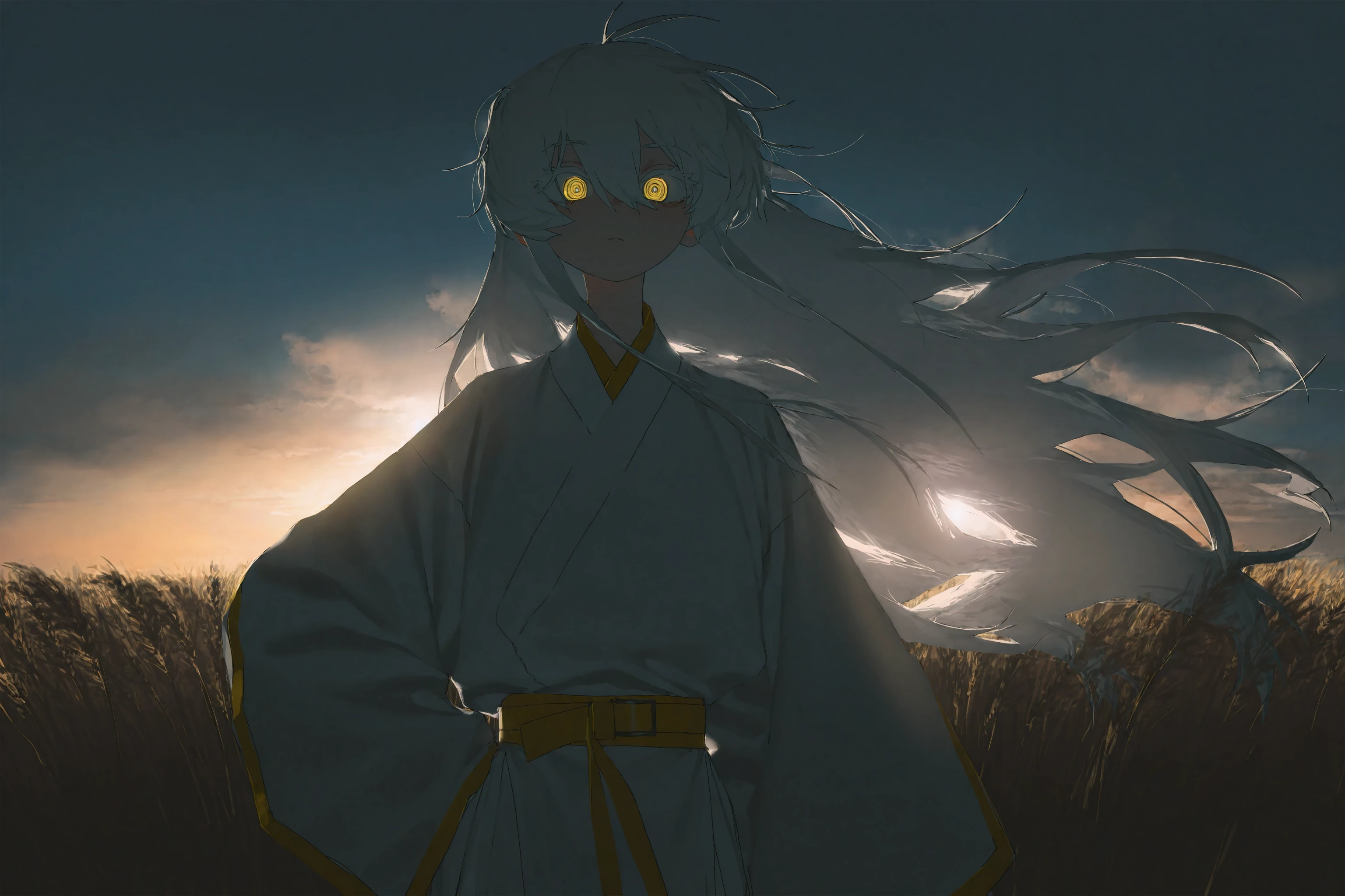 highres,absurdres,incredibly absurdres,very awa,masterpiece,best quality,newest,year 2024,(Rei (Sanbonzakura):1.2),(honnryou hanaru:1.1),(Potg (Piotegu):0.8),(Tianliang Duohe Fangdongye:0.9),(Vanripper:0.2),(Fkey:0.3),Rellea,Reoen,(bm tol:0.9),(ask (askzy):0.1),(usa37107692:0.8),chromatic aberration,chiaroscuro,ray tracing,natural light,mood lighting,cinematic lighting,volumetric lighting,dramatic shadows,dappled light,atmospheric lighting,dreamy atmosphere,subsurface scattering,ethereal glow,mottled light,
\\,
<lora:lightingSlider:-0.5>,official wallpaper,movie poster,(simple background:1.5),wallpaper,wallpaper forced,close-up,movie perspective,dynamic pose,(upper body:1.3),straight-on,(black theme:1.3),(dark:1.3),out of frame,standing,(wind:1.5),mid shot,looking at viewer,arms at sides,(wheat field:1.3),clouds,(sunrise:1.3),blue sky,wind,(cloudy sky:1.3),looking at viewer,
\\,
1girl,solo,white hair,very long hair,disheveled hair,messy hair,ahoge,hair between eyes,very long bangs,long sidelocks,long eyelashes,thick eyelashes,white eyelashes,yellow eyes,ringed eyes,yellow trim,white hanfu,(white kimono:1.2),long sleeves,wide sleeves,(sleeves past fingers:1.3),yellow belt,white loincloth,waist cape,pelvic curtain,white pants,puffy pants,