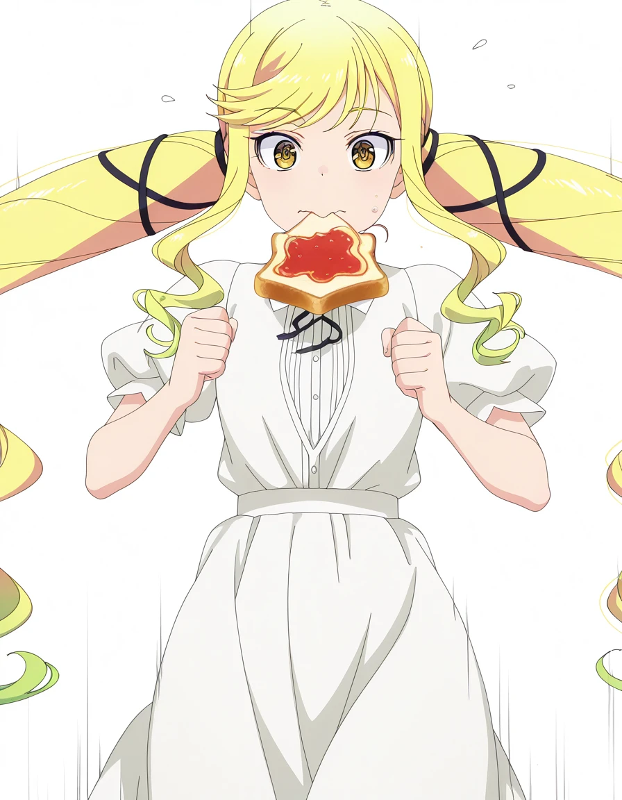 masterpiece, best quality, amazing quality,, <lora:lilisa-suzunomiya-s1-illustriousxl-lora-nochekaiser:1>, lilisa suzunomiya, long hair, blonde hair, ribbon, very long hair, twintails, brown eyes, yellow eyes, hair ribbon, black ribbon, multicolored hair, sidelocks, green hair, gradient hair, swept bangs, wavy hair, mature female, small breasts, anime screencap, <lora:food-in-mouth-running-illustriousxl-lora-nochekaiser:1>, food in mouth running, food in mouth, running, bread, bread slice, food, toast in mouth, toast, sweatdrop, motion lines, motion blur, outdoors, cowboy shot, straight-on, , <lora:transparent-background-illustriousxl-lora-nochekaiser:1>, transparent background, simple background, white background