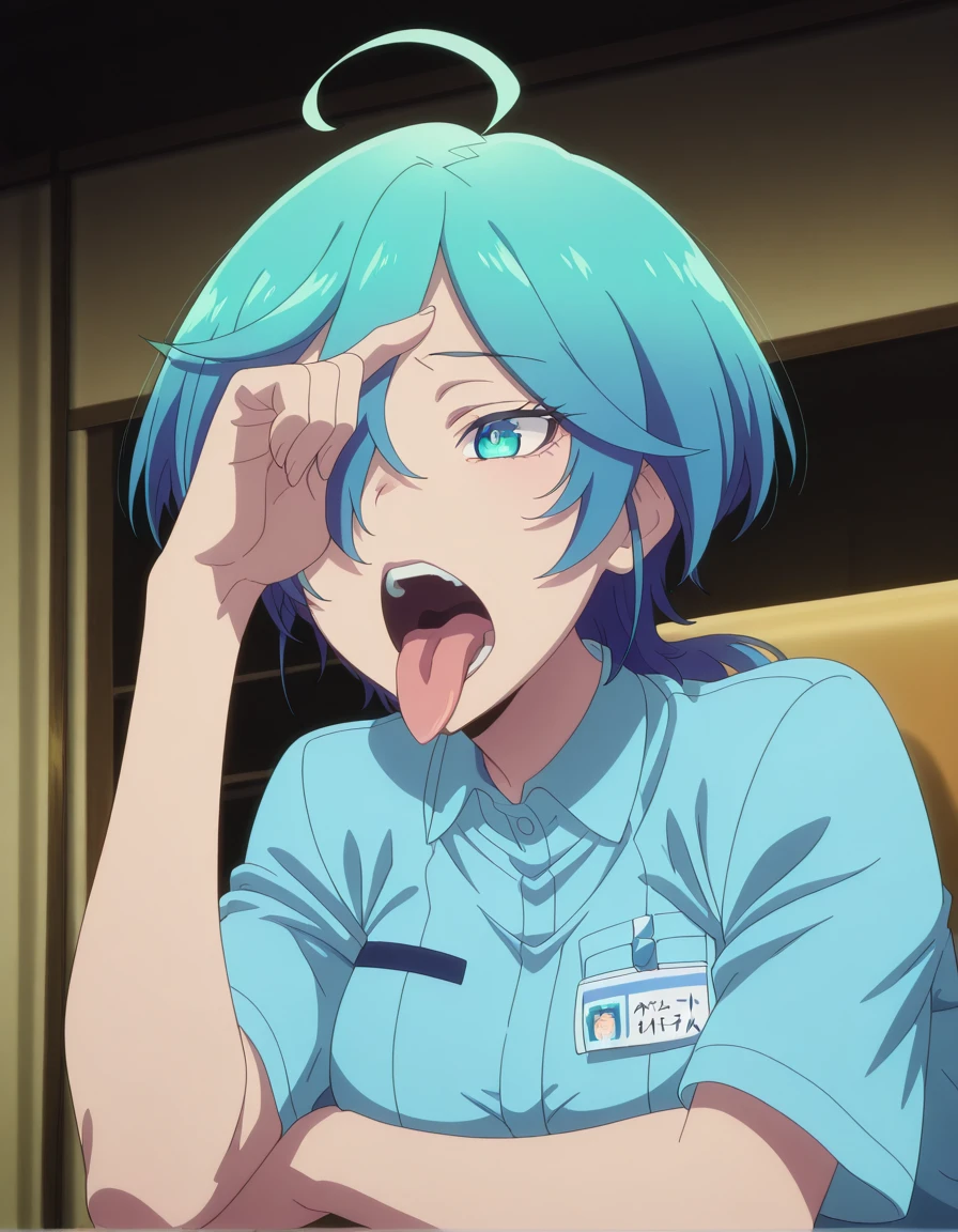 masterpiece, best quality, amazing quality,, <lora:tina-isemi-s1-illustriousxl-lora-nochekaiser:1>, tina isemi, short hair, blue eyes, blue hair, ahoge, multicolored hair, hair over one eye, aqua eyes, mature female, breasts, anime screencap, <lora:alden-richards-tongue-out-meme-illustriousxl-lora-nochekaiser:1>, alden richards tongue out meme, solo, open mouth, shirt, sitting, upper body, short sleeves, teeth, collared shirt, tongue, indoors, tongue out, uniform, blue shirt, parody, meme, name tag, employee uniform, closed eyes, hand up, index finger raised, hand on own forehead, arm rest, looking at viewer,, ,
