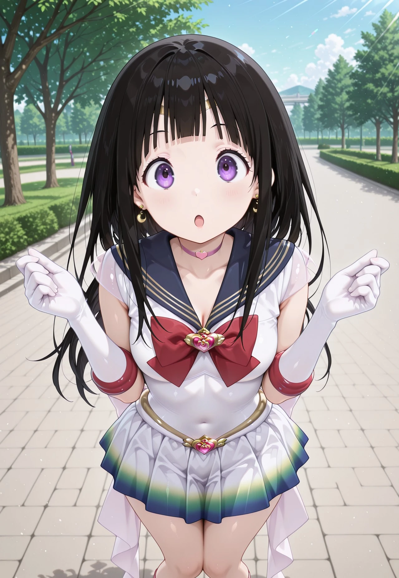masterpiece,extremely detailed,best quality,amazing quality,newest,absurdres,highres, 1girl, solo, eru chitanda, chitanda eru, long hair, black hair, bangs, blunt bangs, purple eyes, bssmsup3r0utfit, sailor senshi uniform, crescent earrings, circlet,blue sailor collar, red bowtie, white elbow gloves, heartchoker, heartbrooch, huge white back bow, pleated skirt, multicolored miniskirt, :o, hands up, (w_arms:1.1),knees together feet apart, standing, looking at viewer, BREAK in park, sunlight