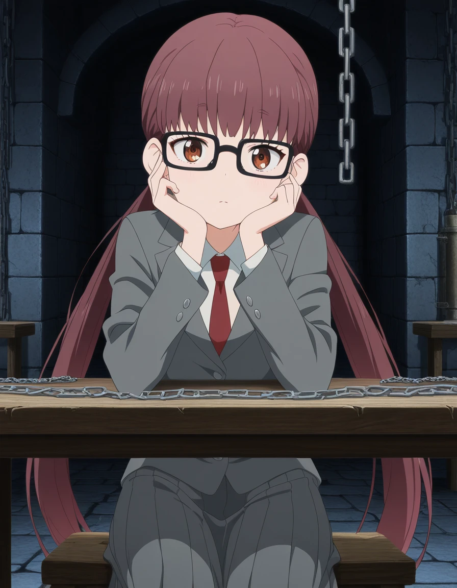 masterpiece, best quality, amazing quality,, <lora:yui-unoki-s1-illustriousxl-lora-nochekaiser:1>, yui unoki, long hair, brown hair, very long hair, twintails, brown eyes, glasses, black-framed eyewear, anime screencap, shirt, long sleeves, jacket, necktie, blazer, red necktie, grey blazer, grey skirt, long skirt, skirt, pleated skirt, sitting, elbow rest, table,, dungeon, stone_walls, chains, torches, dark, cowboy shot, solo, looking at viewer,