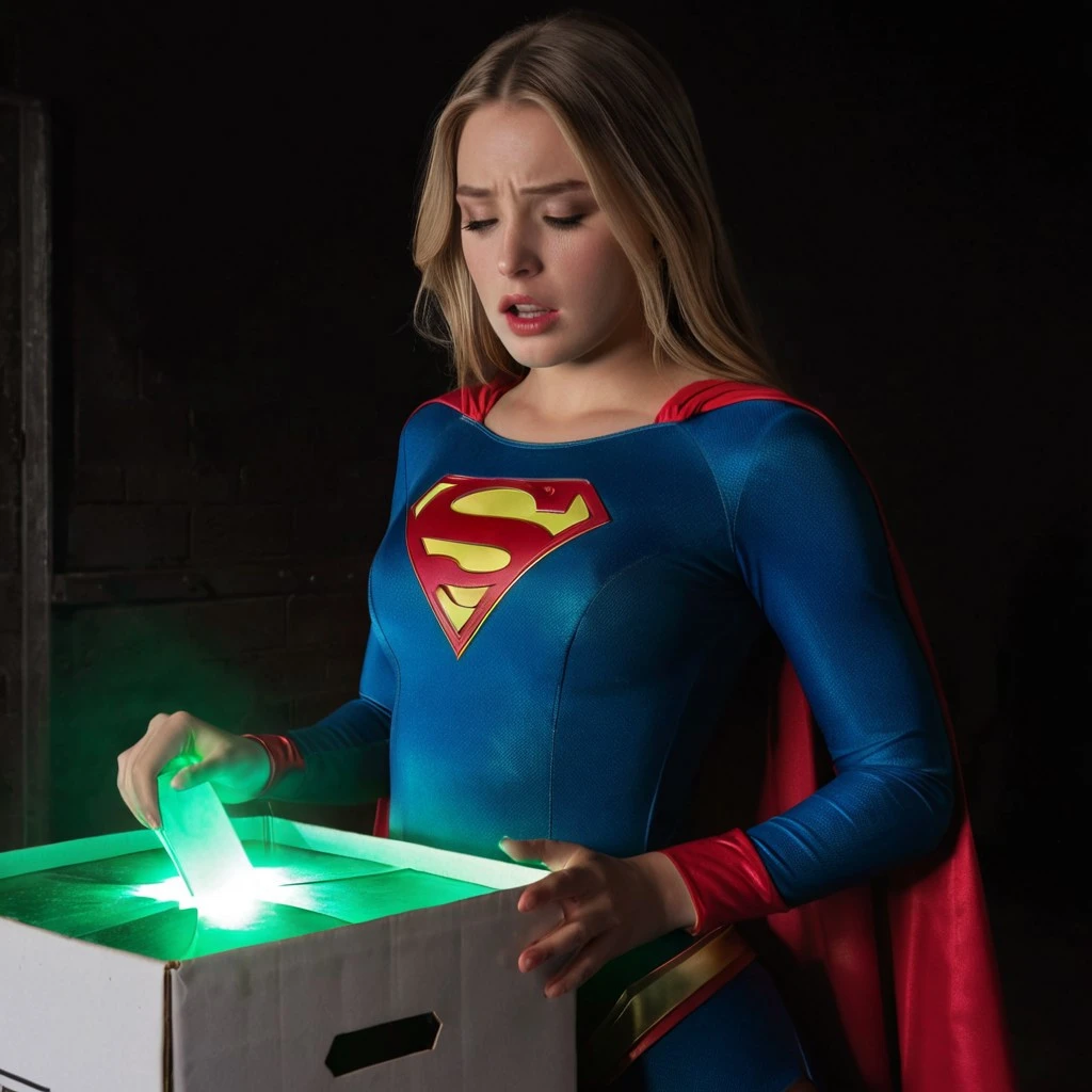 A stunning young Supergirl standing over an open box emitting a faint green glow, her hand still resting on the box’s edge as if she just opened it. She is visibly stunned and overwhelmed: head thrown back, eyebrows raised, eyes shut tight, teeth gritted in a mix of pain and shock. Her iconic tight-fitting suit clings to her athletic, feminine figure, her cape slightly draped and caught in the scene’s dramatic lighting. The environment is dimly lit with subtle highlights from the kryptonite’s eerie glow reflecting off her suit and skin. Emotionally intense, hyper-detailed, cinematic, dynamic pose, 4k resolution. krypto exposure, stunned, eyes wide in terror, weak, hand on chest, hand gripping chest