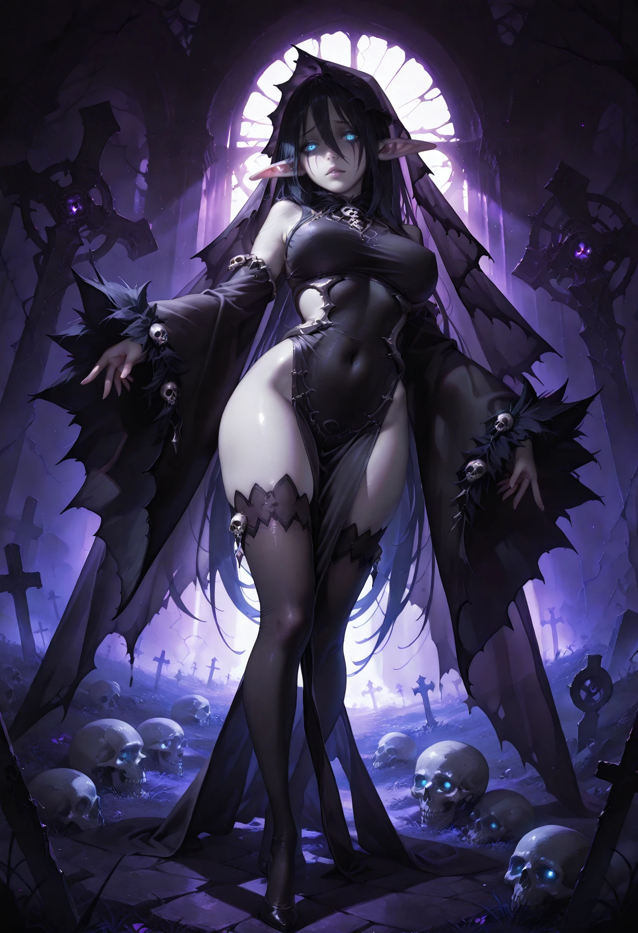((dark fantasy art)), Beautiful demon girl, glossy black hat, ((Black skin)), dark Black skin, Black skin, (Ashen skin), (black glossy leather), long black hair, Long bangs, is sitting, (hands together), (very short clothes), open belly, black liquids, very detailed art, very detailed background