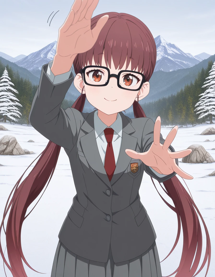 masterpiece, best quality, amazing quality,, <lora:yui-unoki-s1-illustriousxl-lora-nochekaiser:1>, yui unoki, long hair, brown hair, very long hair, twintails, brown eyes, glasses, black-framed eyewear, anime screencap, shirt, long sleeves, jacket, necktie, blazer, red necktie, grey blazer, grey skirt, long skirt, skirt, pleated skirt, <lora:incoming-headpat-illustriousxl-lora-nochekaiser:1>, incoming headpat, headpat, pov, outstretched arm, reaching, reaching towards viewer, looking at viewer, smile, cowboy shot, mountain, rock, height, snow, trees, cowboy shot, solo, looking at viewer,