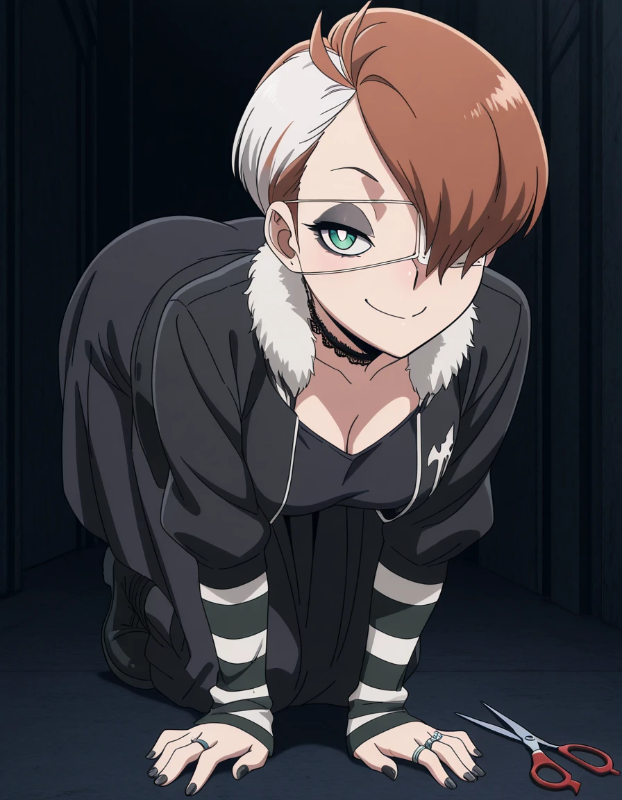 masterpiece, best quality, amazing quality,, <lora:tamao-oguro-s1-illustriousxl-lora-nochekaiser:1>, tamao oguro, short hair, brown hair, green eyes, white pupils, bright pupils, hair over one eye, one eye covered, medical eyepatch, mature female, medium breasts, anime screencap, <lora:emo-fashion-illustriousxl-lora-nochekaiser:1>, emo fashion, black boots, black choker, black dress, black eyeliner, black eyeshadow, black jacket, black nails, chain, choker, coat, eyeliner, eyeshadow, fur-trimmed coat, fur collar, fur trim, goth fashion, jacket, lace, lace-trimmed choker, lace choker, lace trim, long sleeves, makeup, nail polish, open clothes, open jacket, ring, scissors, split-color hair, striped arm warmers, striped clothes, striped gloves, bent over, smug,, ,