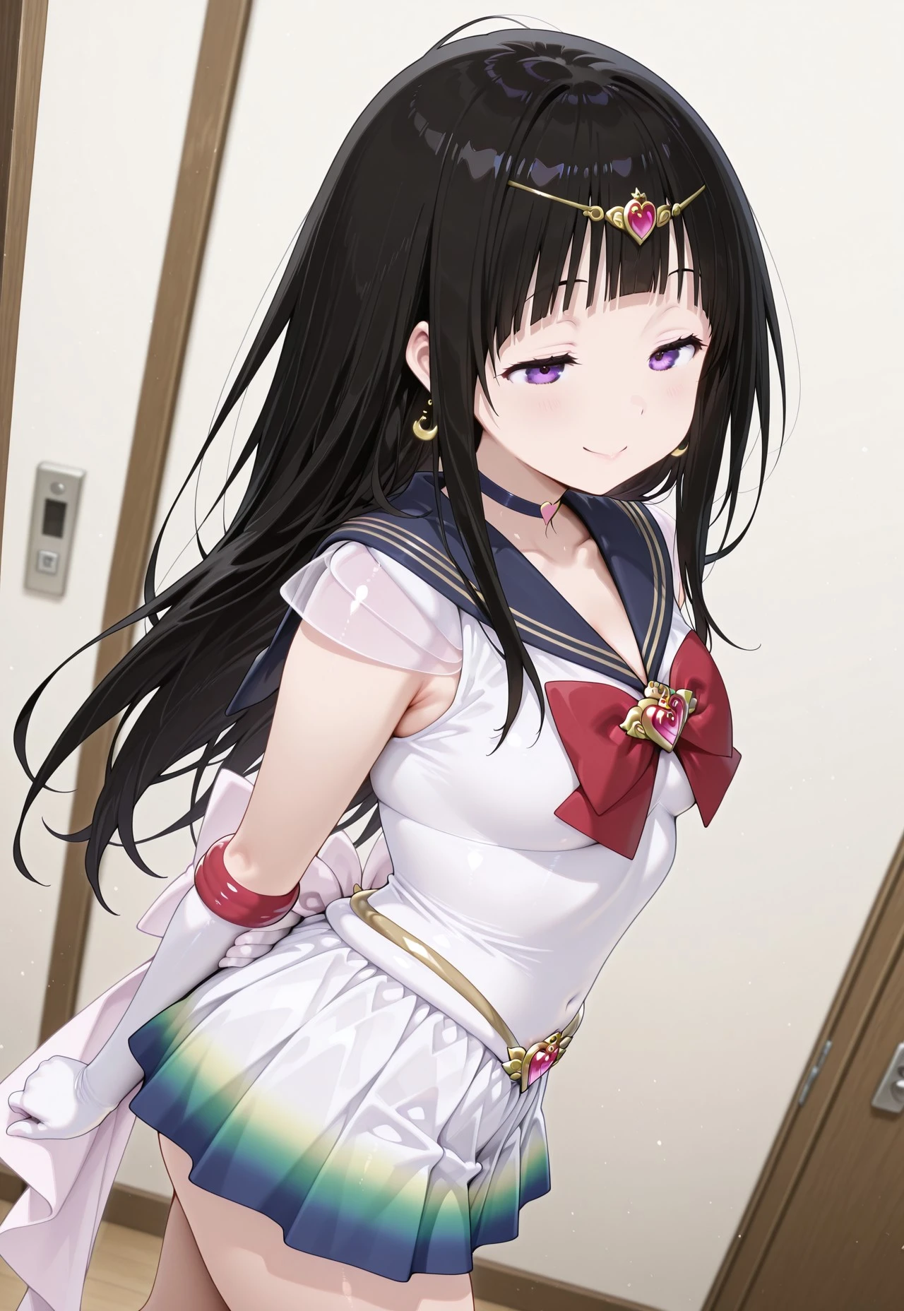 masterpiece,extremely detailed,best quality,amazing quality,newest,absurdres,highres, 1girl, solo, eru chitanda, chitanda eru, long hair, black hair, bangs, blunt bangs, purple eyes, bssmsup3r0utfit, sailor senshi uniform, crescent earrings, circlet,blue sailor collar, red bowtie, white elbow gloves, heartchoker, heartbrooch, huge white back bow, pleated skirt, multicolored miniskirt, half-closed eyes, smile, arms_behind_back, twisted torso, (Skirt fluttering:1.1), BREAK dynamic_angle,cinematic angle