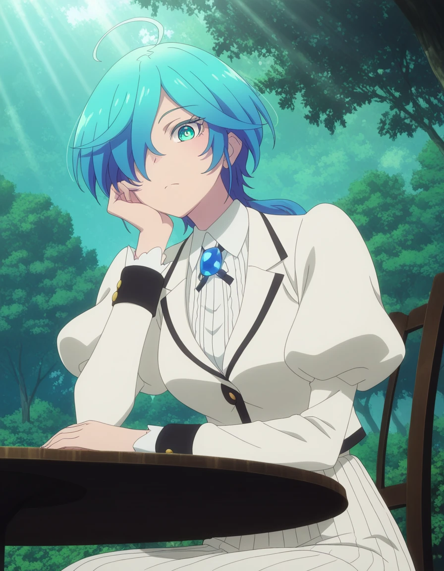 masterpiece, best quality, amazing quality,, <lora:tina-isemi-s1-illustriousxl-lora-nochekaiser:1>, tina isemi, short hair, blue eyes, blue hair, ahoge, multicolored hair, hair over one eye, aqua eyes, mature female, breasts, anime screencap, shirt, skirt, long sleeves, jewelry, jacket, white shirt, puffy sleeves, juliet sleeves, brooch, sitting, head rest, table,, Outdoors, nature, scenery, open_space, sunlight, cowboy shot, solo, looking at viewer,