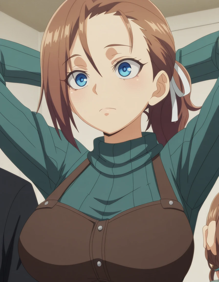 masterpiece, best quality, amazing quality,, <lora:rhuda-runebeck-s1-illustriousxl-lora-nochekaiser:1>, rhuda runebeck, blue eyes, brown hair, ribbon, hair ribbon, ponytail, mature female, breasts, anime screencap, hands behind head,, ,
