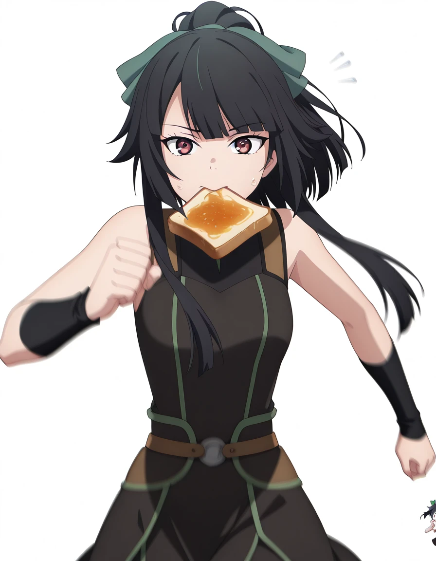 masterpiece, best quality, amazing quality,, <lora:jasmine-flamesworth-s1-illustriousxl-lora-nochekaiser:1>, jasmine flamesworth, long hair, black hair, red eyes, bow, brown eyes, ponytail, hair bow, green bow, mature female, small breasts, anime screencap, <lora:food-in-mouth-running-illustriousxl-lora-nochekaiser:1>, food in mouth running, food in mouth, running, bread, bread slice, food, toast in mouth, toast, sweatdrop, motion lines, motion blur, outdoors, cowboy shot, straight-on, , <lora:transparent-background-illustriousxl-lora-nochekaiser:1>, transparent background, simple background, white background