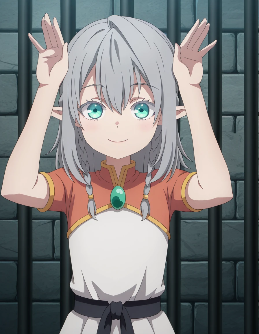 masterpiece, best quality, amazing quality,, <lora:tessia-eralith-s1-illustriousxl-lora-nochekaiser:1>, tessia eralith, hair between eyes, green eyes, grey hair, braid, pointy ears, medium hair, twin braids, aqua eyes, elf, anime screencap, dress, jewelry, short sleeves, white dress,, <lora:rabbit-pose-illustriousxl-lora-nochekaiser:1>, rabbit pose, hands up, looking at viewer, smile, upper body, prison cell, bars, bed, stone_walls, isolation, cowboy shot, solo, looking at viewer,