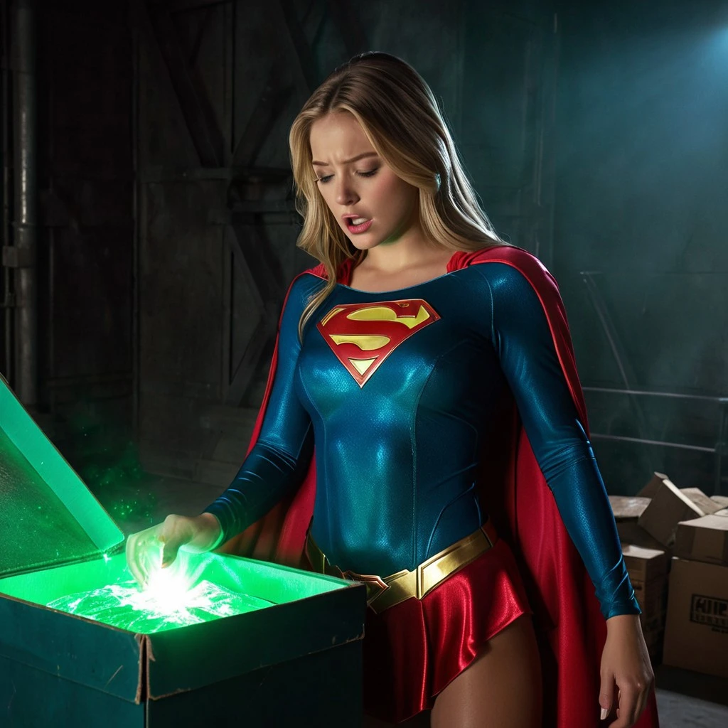 A stunning young Supergirl standing over an open box emitting a faint green glow, her hand still resting on the box’s edge as if she just opened it. She is visibly stunned and overwhelmed: head thrown back, eyebrows raised, eyes shut tight, teeth gritted in a mix of pain and shock. Her iconic tight-fitting suit clings to her athletic, feminine figure, her cape slightly draped and caught in the scene’s dramatic lighting. The environment is dimly lit with subtle highlights from the kryptonite’s eerie glow reflecting off her suit and skin. Emotionally intense, hyper-detailed, cinematic, dynamic pose, 4k resolution. krypto exposure, stunned, eyes wide in terror, weak, hand on chest, hand gripping chest