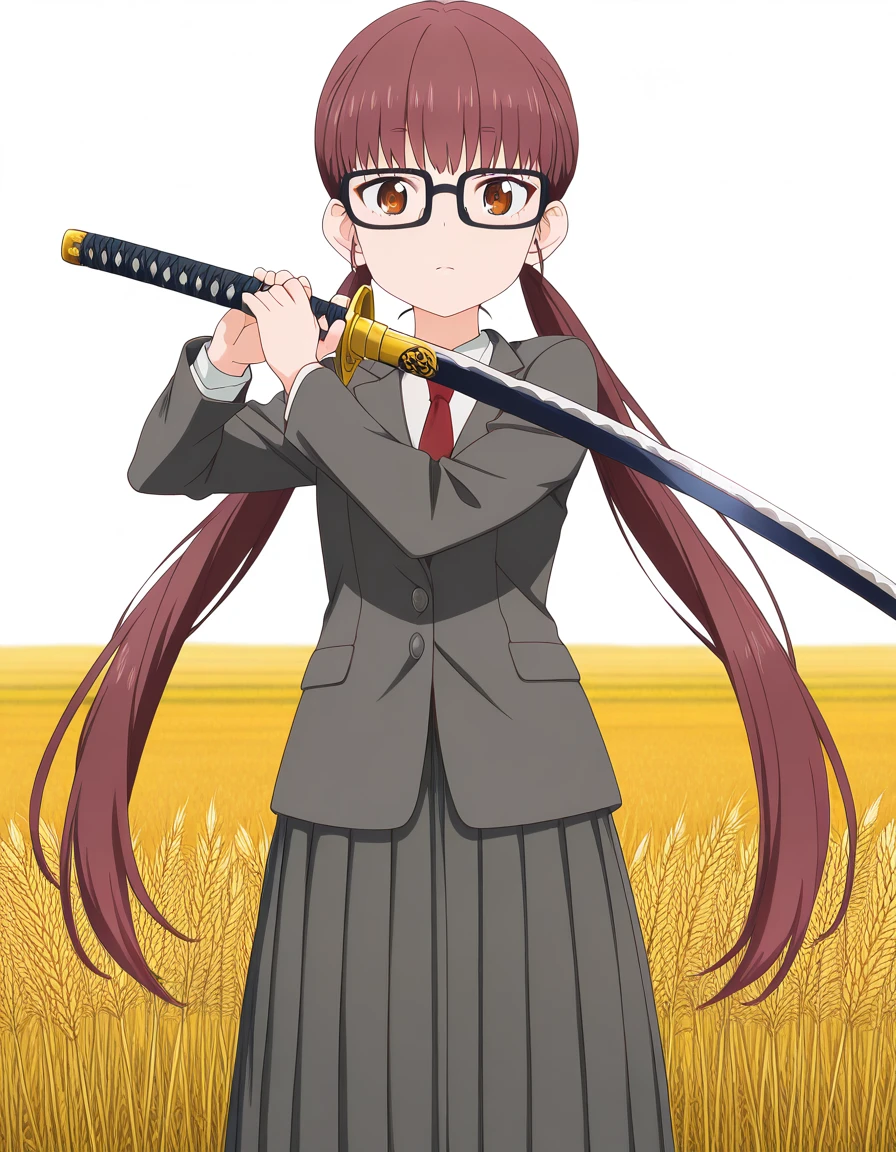 masterpiece, best quality, amazing quality,, <lora:yui-unoki-s1-illustriousxl-lora-nochekaiser:1>, yui unoki, long hair, brown hair, very long hair, twintails, brown eyes, glasses, black-framed eyewear, anime screencap, shirt, long sleeves, jacket, necktie, blazer, red necktie, grey blazer, grey skirt, long skirt, skirt, pleated skirt, <lora:sword-guard-stance-illustriousxl-lora-nochekaiser:1>, sword guard stance, sword, weapon, solo, katana, holding, holding weapon, holding sword, looking at viewer, cowboy shot,, wheat field, golden, harvest, farming, open, cowboy shot, solo, looking at viewer, <lora:transparent-background-illustriousxl-lora-nochekaiser:1>, transparent background, simple background, white background