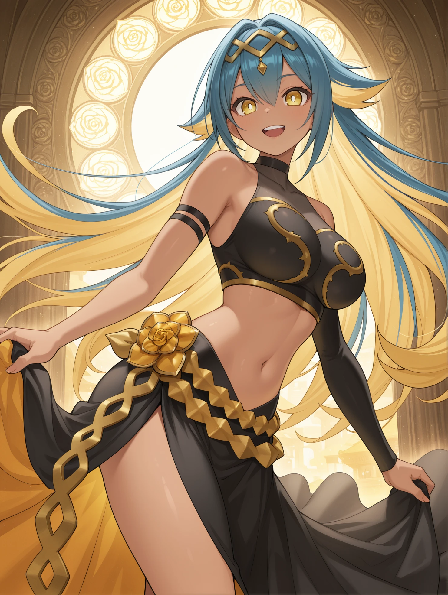1female , blue skin , blue hair , golden bracelets , windy sky background , smiling , golden jewelry , thick build , Djinn, genie , black eyes , big boobs