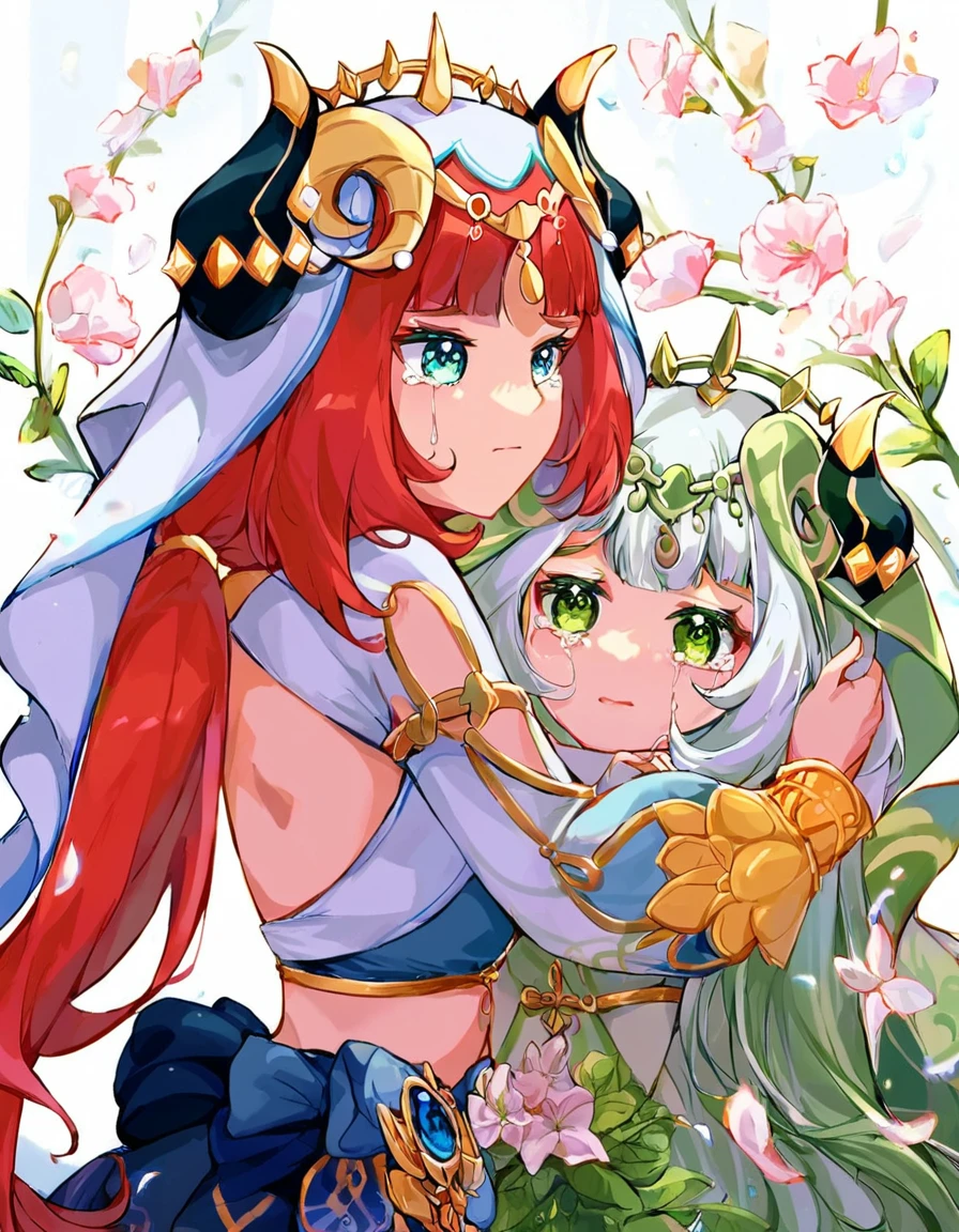 anime image of two women dressed in traditional sumeru clothing in garden full of flowers, palace a girl in hanfu, wlop and sakimichan, red haired deity, red hair, characters from azur lane, anime fantasy illustration, from the azur lane videogame, genshin, artwork in the style of guweiz, dance sumeru detailed art, two beautiful anime girls, red hair, mother and child, aqua eyes, nilou (genshin impact), fake horns, veil, smile, long hair, crop top, jewelry, horns, her daughter's hair is red, sitting in a garden full of flowers