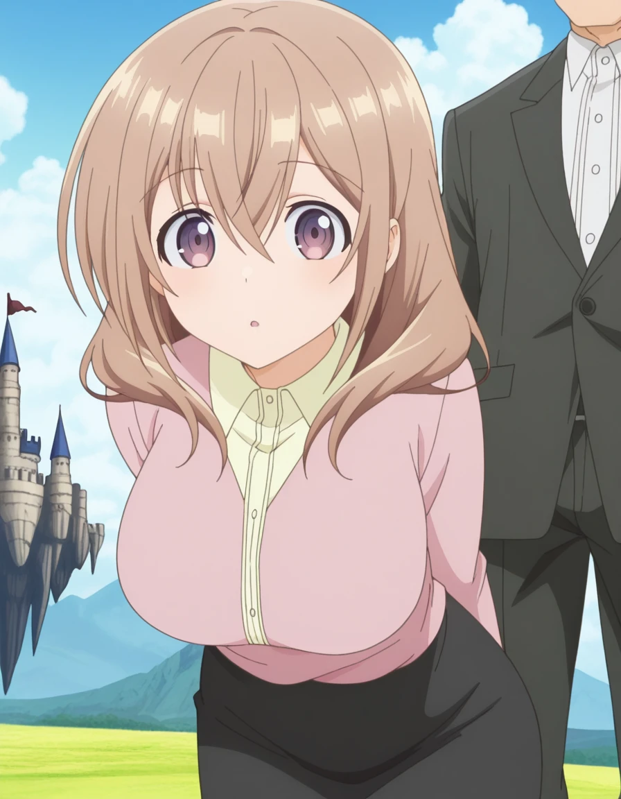 masterpiece, best quality, amazing quality,, <lora:shiori-katase-s1-illustriousxl-lora-nochekaiser:1>, shiori katase, long hair, brown hair, hair between eyes, purple eyes, light brown hair, mature female, breasts, anime screencap, skirt, shirt, black skirt, formal, suit, office lady, business suit,, hands behind back, bent over,, floating castle, sky, magical, clouds, fantasy, cowboy shot, solo, looking at viewer,