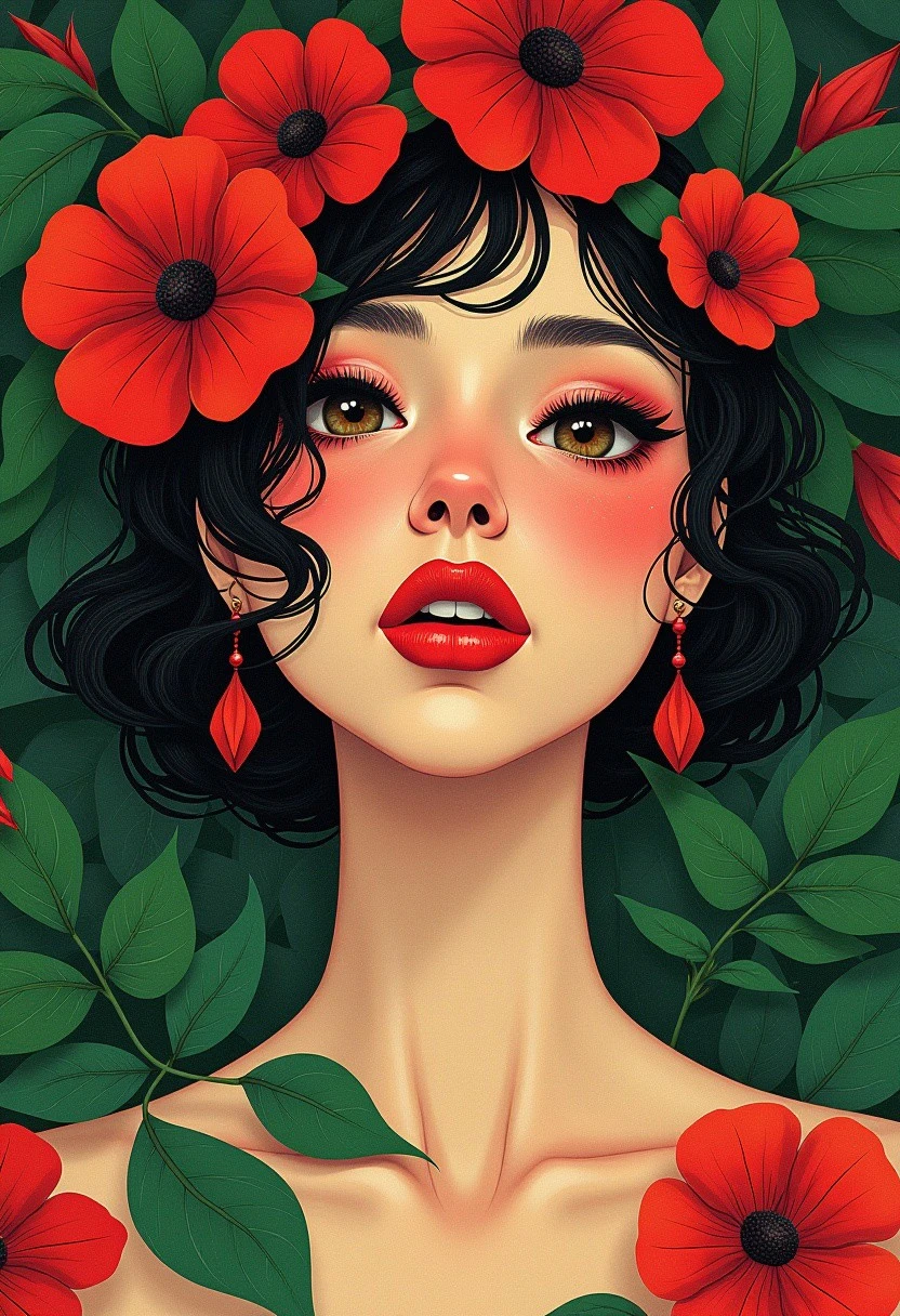 Floral Portrait Surrealism
A woman’s serene face is adorned with red flowers and green leaves, blending her with the garden background. Lush and fashion-magazine surreal. Dreamlike and stylized concept art, inspired by the styles of Alex Grey, Moebius (Jean Giraud), Geoff Darrow, Edgar P. Jacobs, Enki Bilal, Brandon Graham, Linnea Sterte, James Stokoe, Hayao Miyazaki, Katsuhiro Otomo, François Schuiten, Philippe Druillet