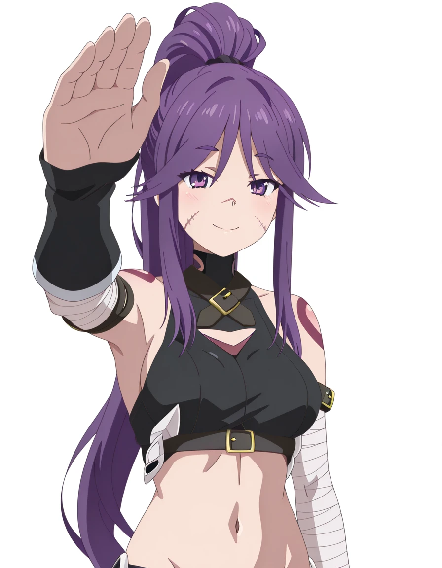 masterpiece, best quality, amazing quality,, <lora:koyomi-hasunuma-s1-illustriousxl-lora-nochekaiser:1>, koyomi hasunuma, long hair, very long hair, purple eyes, purple hair, ponytail, sidelocks, high ponytail, mature female, medium breasts, anime screencap, <lora:fate-jack-the-ripper-cosplay-illustriousxl-lora-nochekaiser:1>, fate jack the ripper cosplay, jack the ripper (fate/apocrypha) (cosplay), bandaged arm, lowleg panties, bandages, cosplay, arm belt, lowleg, bare shoulders, belt, black panties, bodypaint, crop top, navel, panties, scar, sar on face, stomach, underwear,, <lora:incoming-headpat-illustriousxl-lora-nochekaiser:1>, incoming headpat, headpat, pov, outstretched arm, reaching, reaching towards viewer, looking at viewer, smile, upper body, , <lora:transparent-background-illustriousxl-lora-nochekaiser:1>, transparent background, simple background, white background