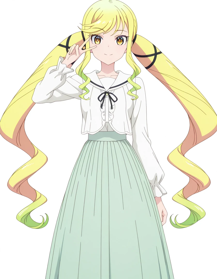 masterpiece, best quality, amazing quality,, <lora:lilisa-suzunomiya-s1-illustriousxl-lora-nochekaiser:1>, lilisa suzunomiya, long hair, blonde hair, ribbon, very long hair, twintails, brown eyes, yellow eyes, hair ribbon, black ribbon, multicolored hair, sidelocks, green hair, gradient hair, swept bangs, wavy hair, mature female, small breasts, anime screencap, <lora:victorian-illustriousxl-lora-nochekaiser:1>, victorian, sailor collar, long skirt, ribbon bow, blouse, v, v over eyes,, , <lora:transparent-background-illustriousxl-lora-nochekaiser:1>, transparent background, simple background, white background