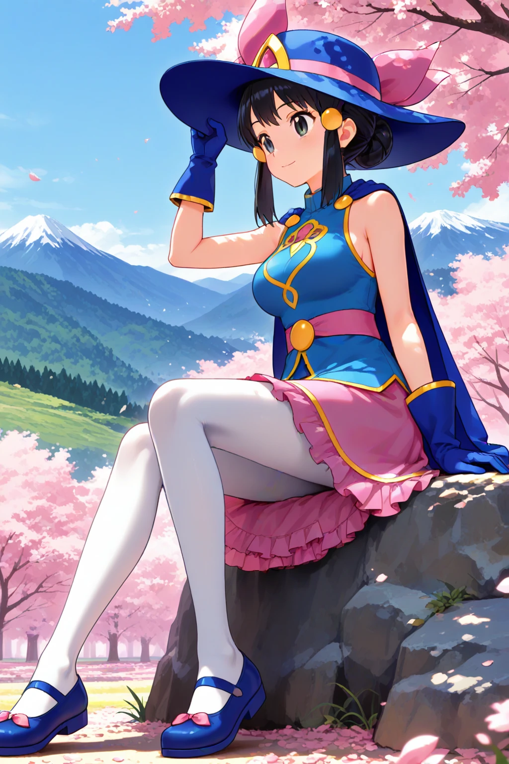 2d, masterpiece, best quality, amazing quality, highres, absurdres, newest, 1girl, solo, sitting, on rock, cherry blossoms, mountain, sunshine, clear sky, colorful, woods, landscape, medium breasts, mature female, sygdawn, grey eyes, black hair, sidelocks, hairclip, hat, blue headwear, sleeveless shirt, blue shirt, blue cape, pink belt, blue gloves, pink skirt, miniskirt, frilled skirt, white pantyhose, mary janes, blue footwear, footwear bow