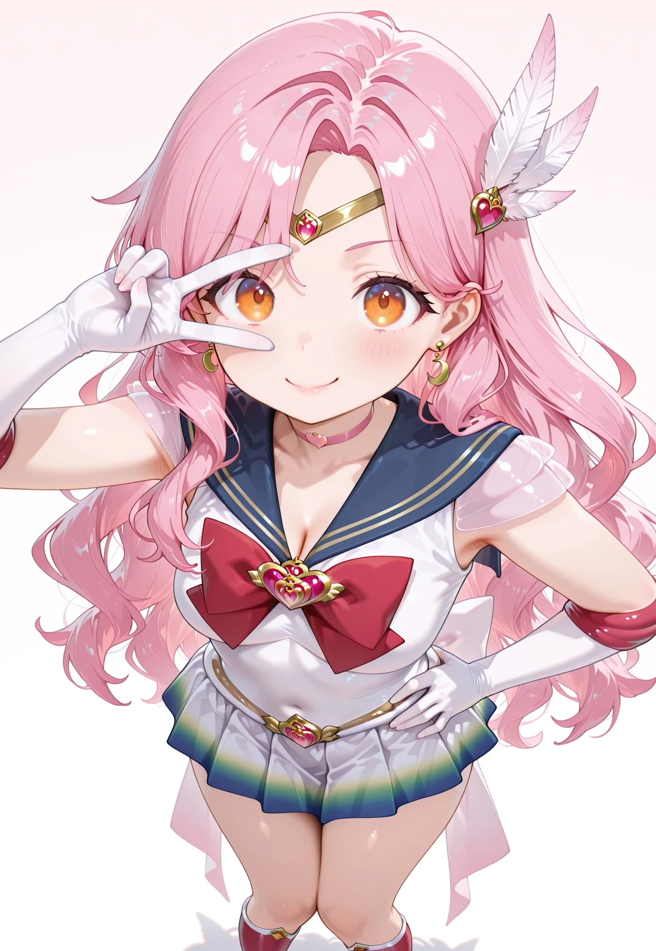 masterpiece,extremely detailed,best quality,amazing quality,newest,absurdres,highres, 1girl, adult, solo, orange_eyes, long hair, Pink voluminous wavy hair, tareme, feather_hair_ornament, bssmsup3r0utfit, sailor senshi uniform, crescent earrings, circlet,blue sailor collar, red bowtie, white elbow gloves, heartchoker, heartbrooch, huge white back bow, pleated skirt, multicolored miniskirt, boots, A kind expression, gentle smile, knees together feet apart,standing, v_over_eye ,One hand on hip and the other making a V_over_eye,, from above BREAK no_background