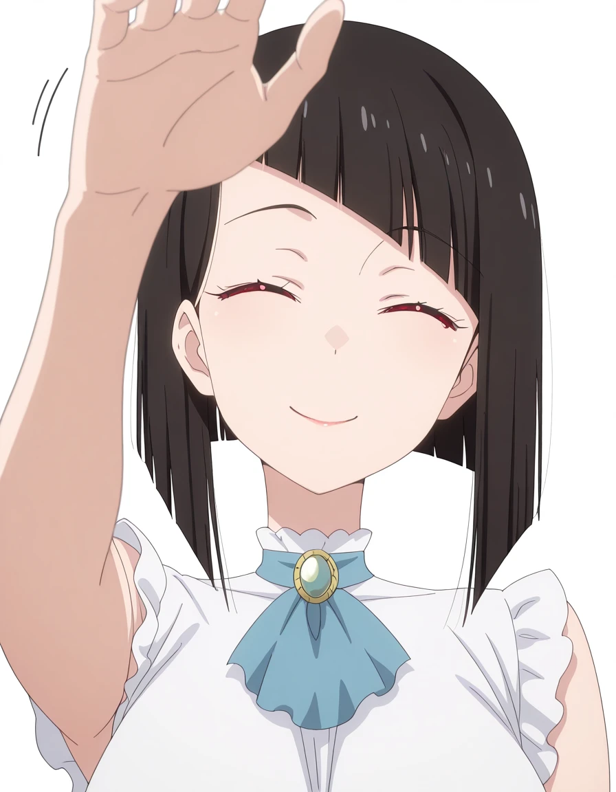 masterpiece, best quality, amazing quality,, <lora:yayoi-takayanagi-s1-illustriousxl-lora-nochekaiser:1>, yayoi takayanagi, short hair, black hair, red eyes, blunt bangs, mature female, breasts, anime screencap, <lora:incoming-headpat-illustriousxl-lora-nochekaiser:1>, incoming headpat, headpat, pov, outstretched arm, reaching, reaching towards viewer, looking at viewer, closed eyes, smile, upper body, , <lora:transparent-background-illustriousxl-lora-nochekaiser:1>, transparent background, simple background, white background