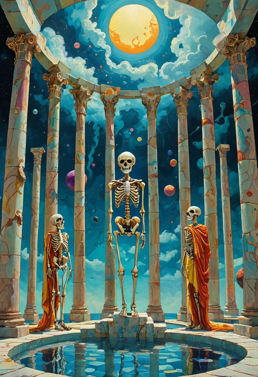 surrealism, saltwater skies, pillars of lost art surround the sunlit pool of salvation, dramatic and surreal color scheme, 3 skeletons wearing togas, gravity reversed, mind-bending concept art, FRESHIDESH Moebius comic book, style of Wassily Kandinsky