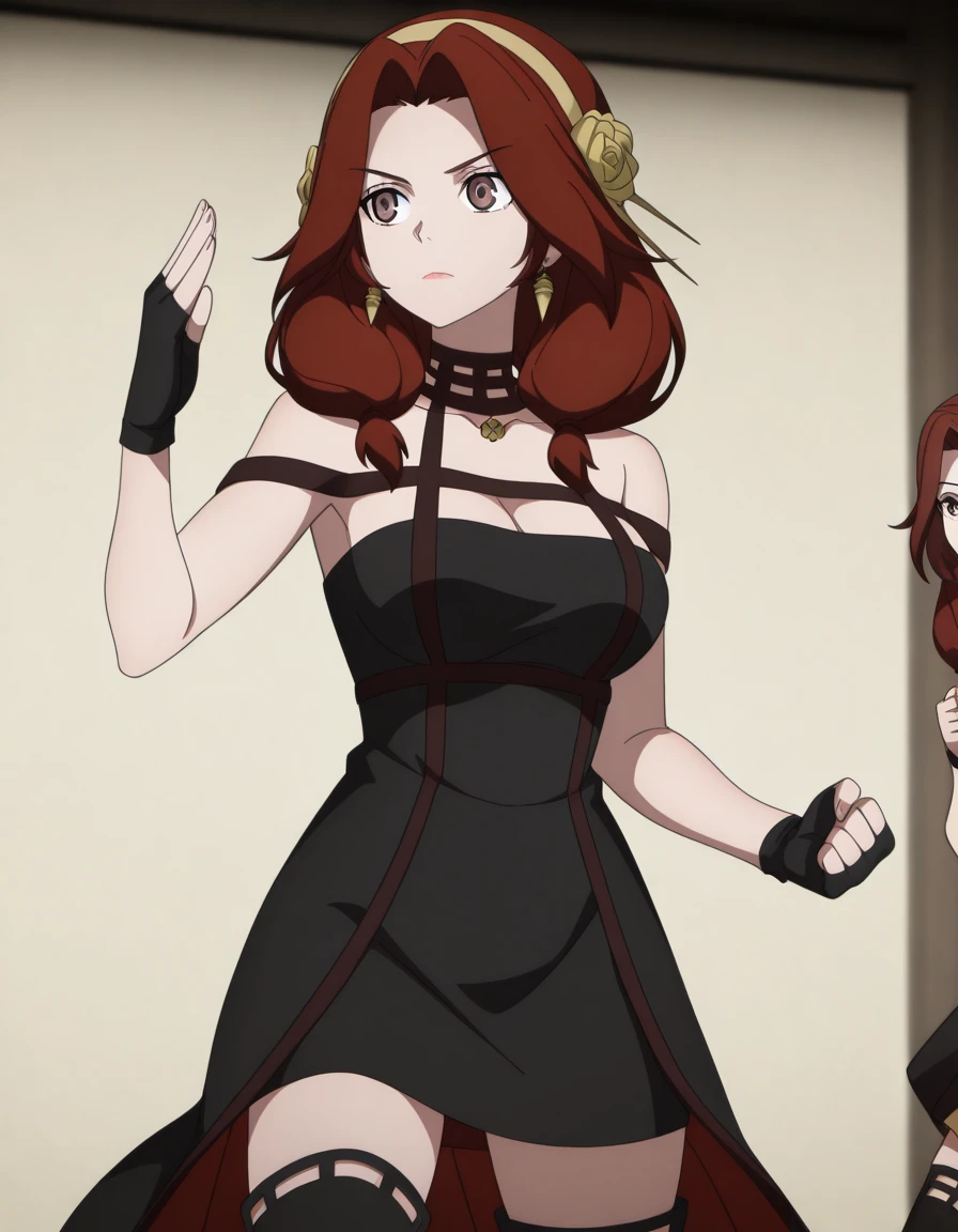 masterpiece, best quality, amazing quality,, <lora:alice-leywin-s1-illustriousxl-lora-nochekaiser:1>, alice leywin, long hair, brown hair, twintails, brown eyes, red hair, mature female, breasts, anime screencap, <lora:yor-briar-cosplay-illustriousxl-lora-nochekaiser:1>, yor briar cosplay, yor briar (cosplay), bare shoulders, black dress, black gloves, cleavage, dress, earrings, gloves, gold earrings, hair ornament, hair band, jewelry, bare shoulders, collarbone, fingerless gloves, thighhighs, black thighhighs,, <lora:kung-fu-illustriousxl-lora-nochekaiser:1>, kung fu, martial arts, training, fighting stance, cowboy shot, hand up, ,