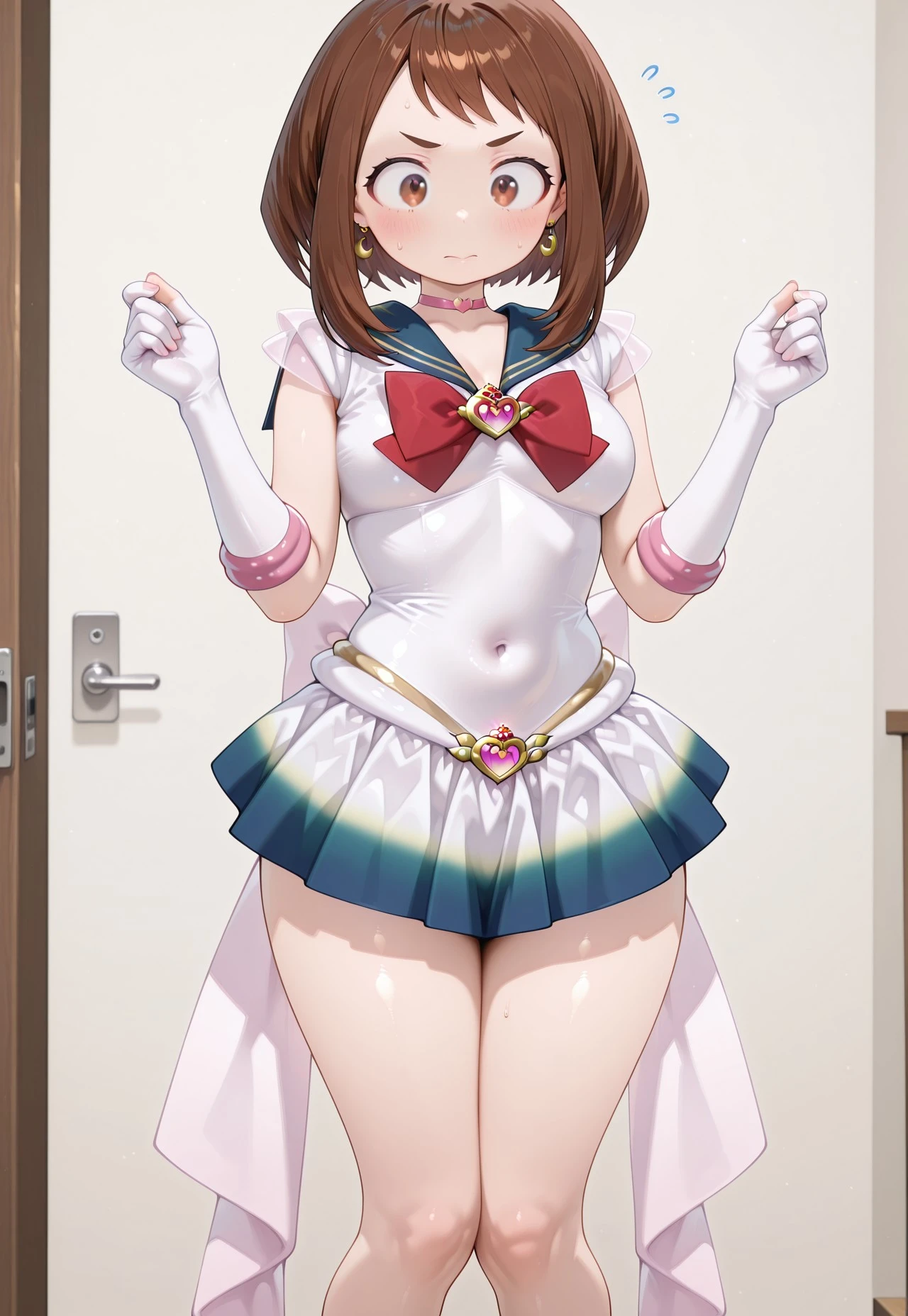 masterpiece,extremely detailed,best quality,amazing quality,newest,absurdres,highres, 1girl, solo, uraraka, brown hair, brown eyes, bssmsup3r0utfit, sailor senshi uniform, crescent earrings, circlet,lightblue sailor collar, red bowtie, white elbow gloves, heartchoker, heartbrooch, huge white back bow, pleated skirt, multicolored miniskirt,sweatdrop, look at own stomach, look at own body, (hands up:1.1), (w_arms:1.2),knees together feet apart, standing